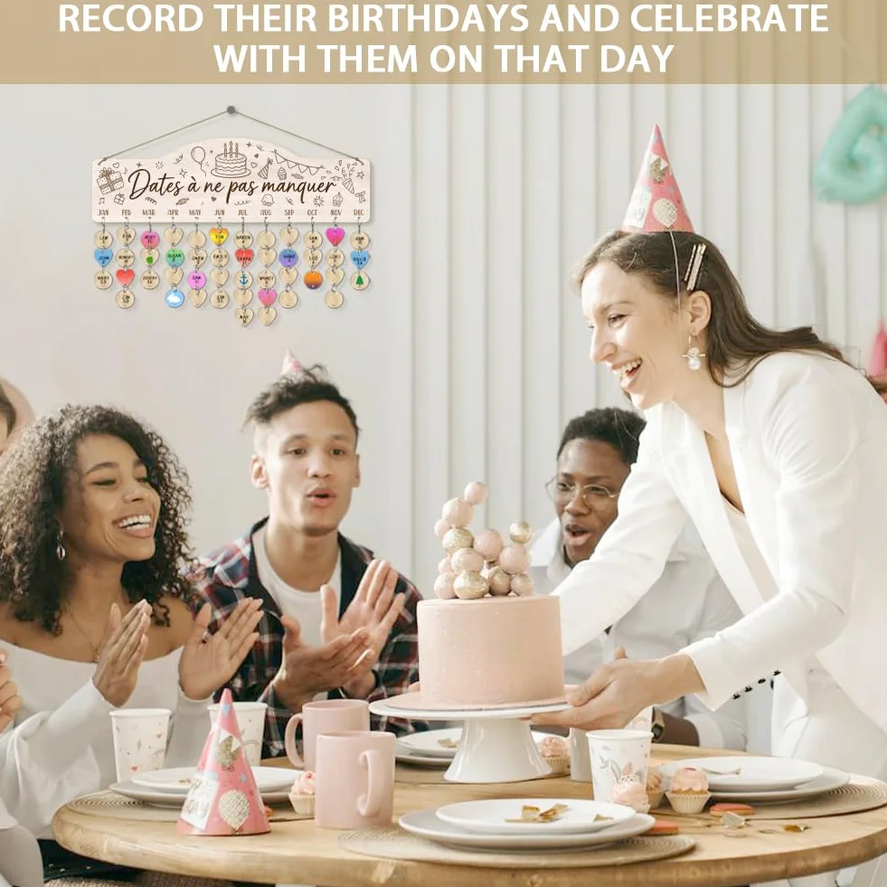 Arricraft Calendrier de rappel d'anniversaire en bois 40x12cm gâteau scintilles étoile avec 100 étiquettes