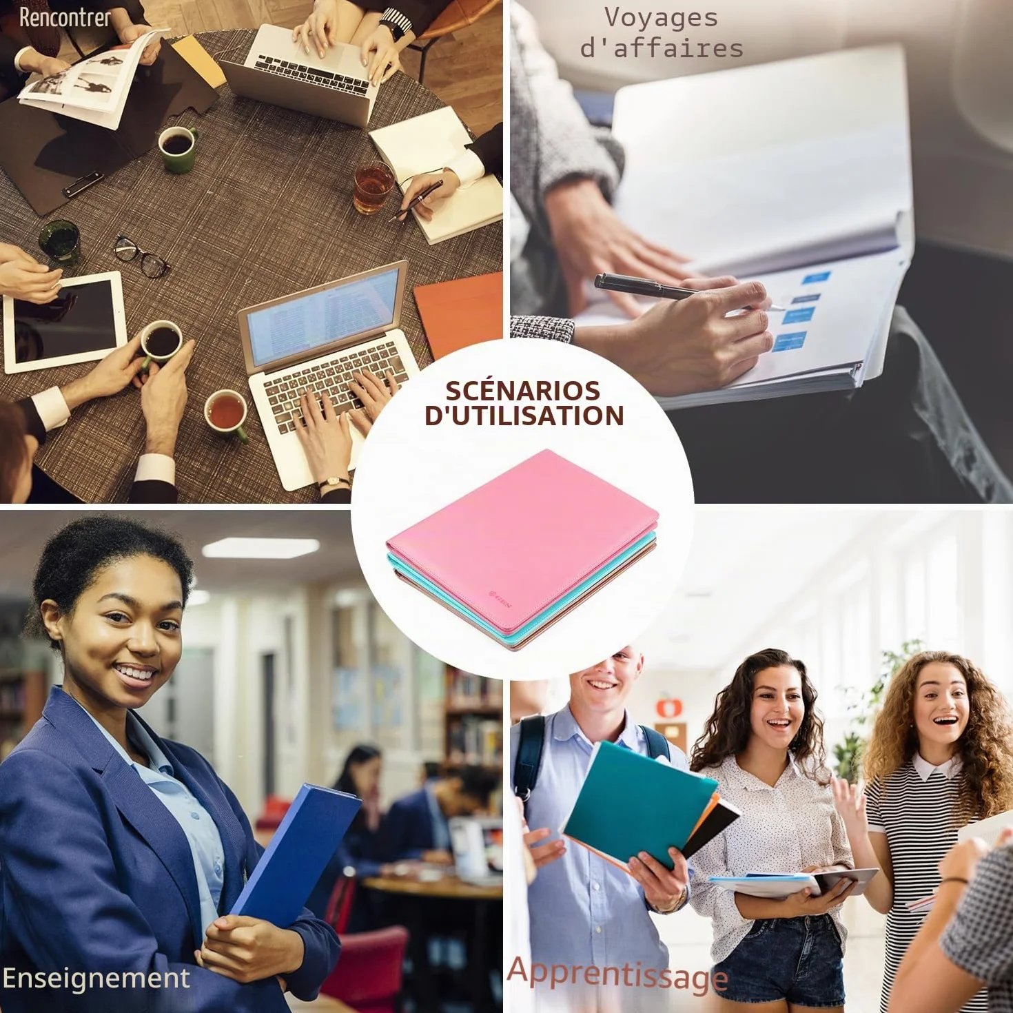 Porte-documents GES A4 en cuir avec pince-notes pour CV entreprise école bureau conférence (Or rose)
