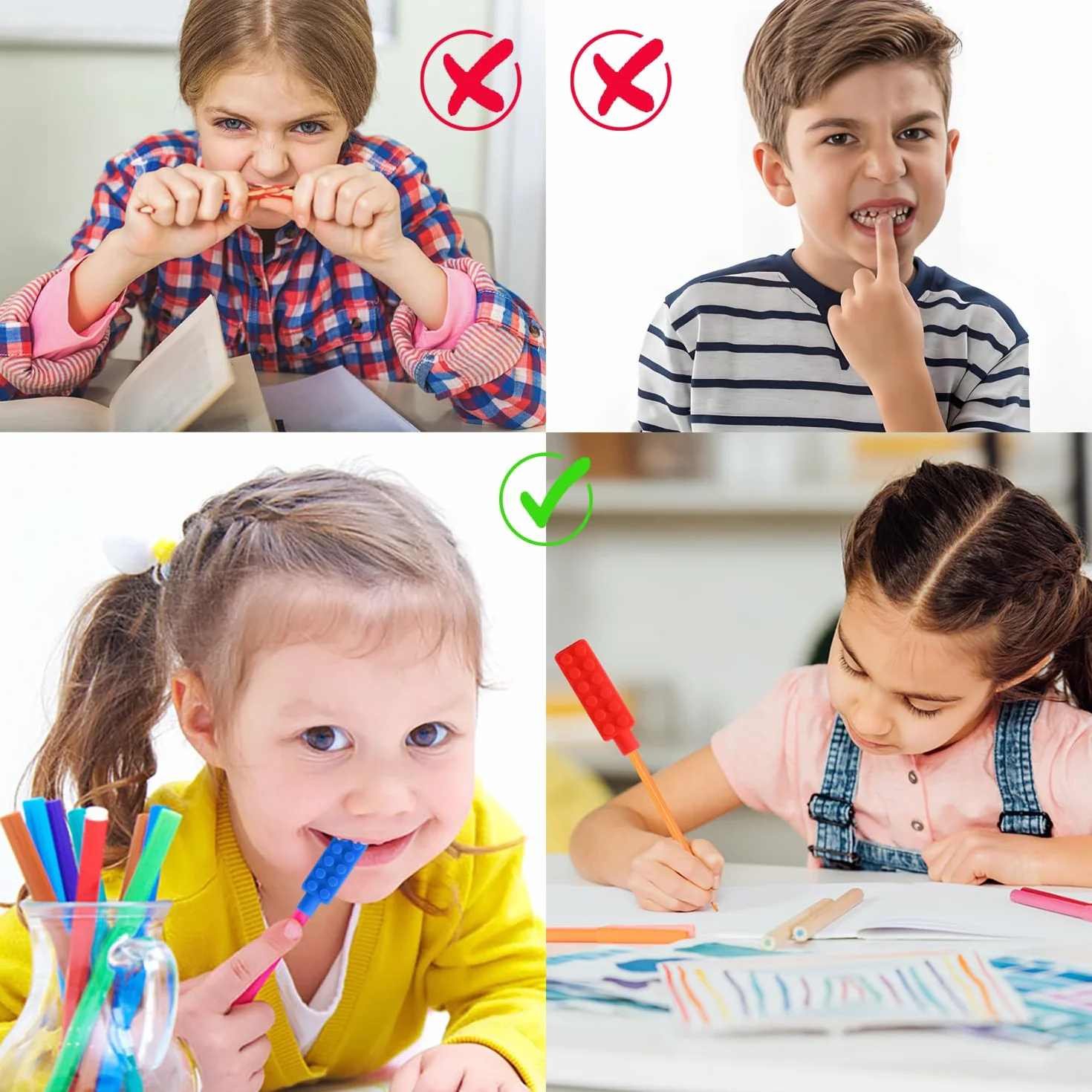 Lot de 4 Embouts de Crayon À Mâcher Silicone Sensoriels pour Dentition, Autisme, TDAH, Enfants