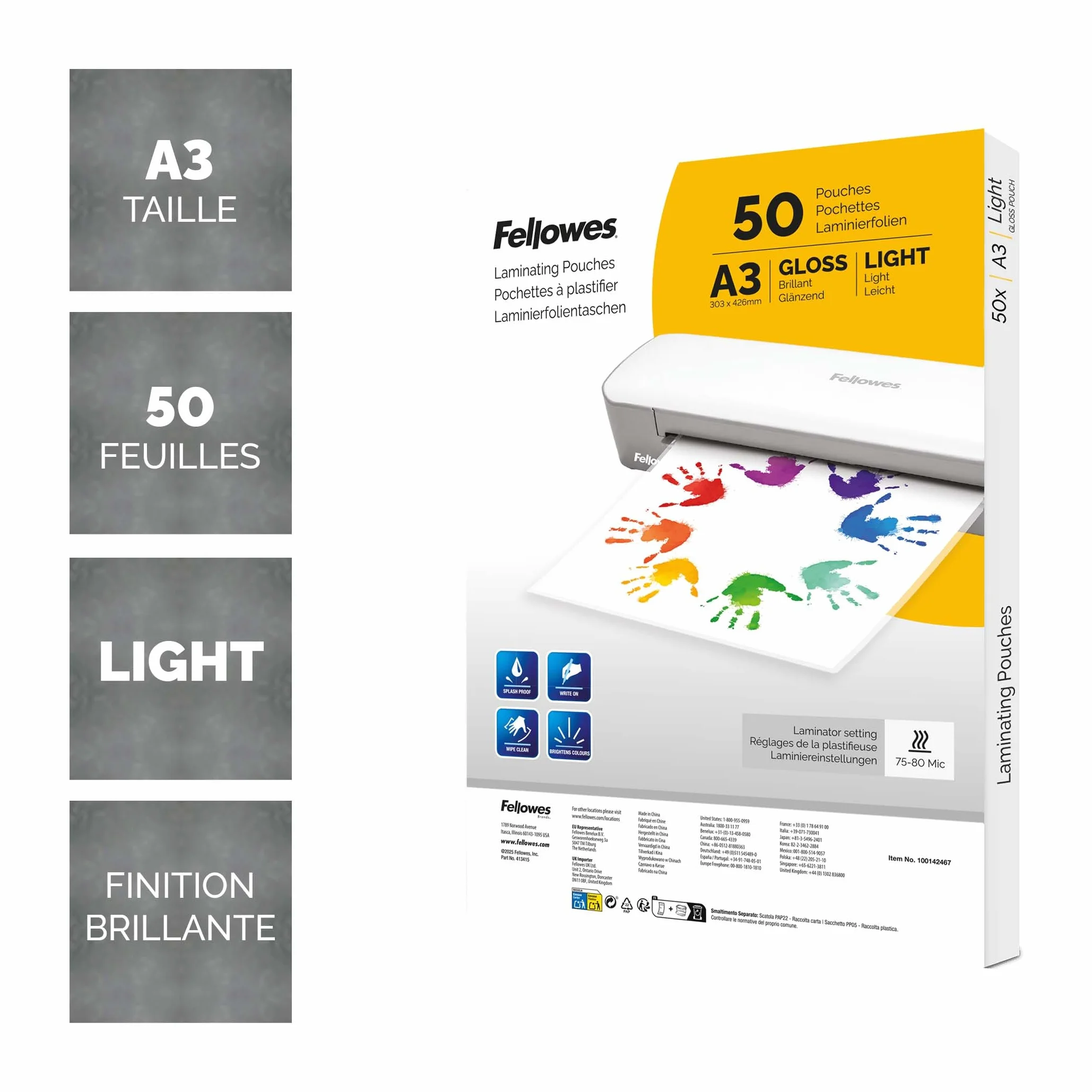 Fellowes Fogli Plastificazione A3 Lucide 50 Pezzi Resistenti per Poster e Documenti