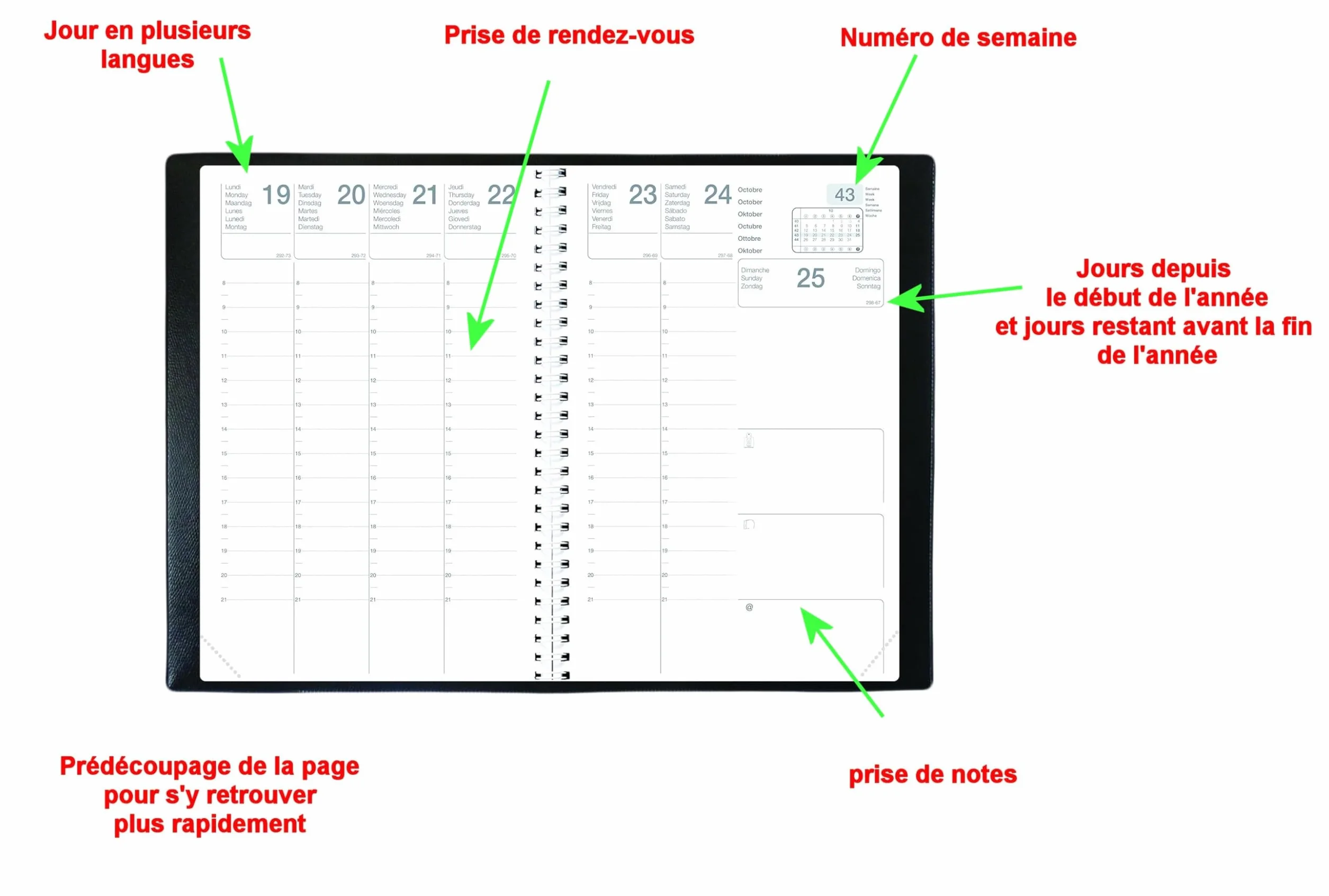 Agenda 2027 Semainier Spirale 16 x 24 cm 1 Semaine sur 2 Pages France Couverture PVC