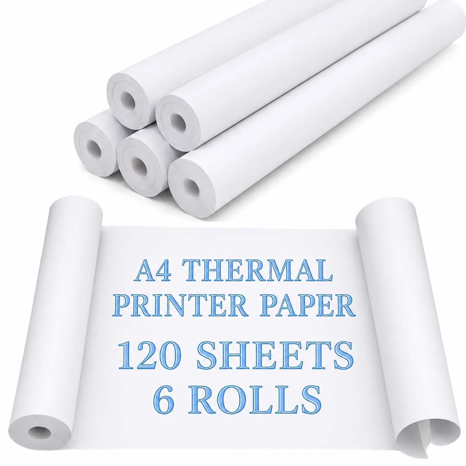 Papier Thermique A4 6 Rouleaux, Sans BPA, Séchage Rapide, 21cm x 6.2m, 21 Feuilles/Rouleau pour Impression