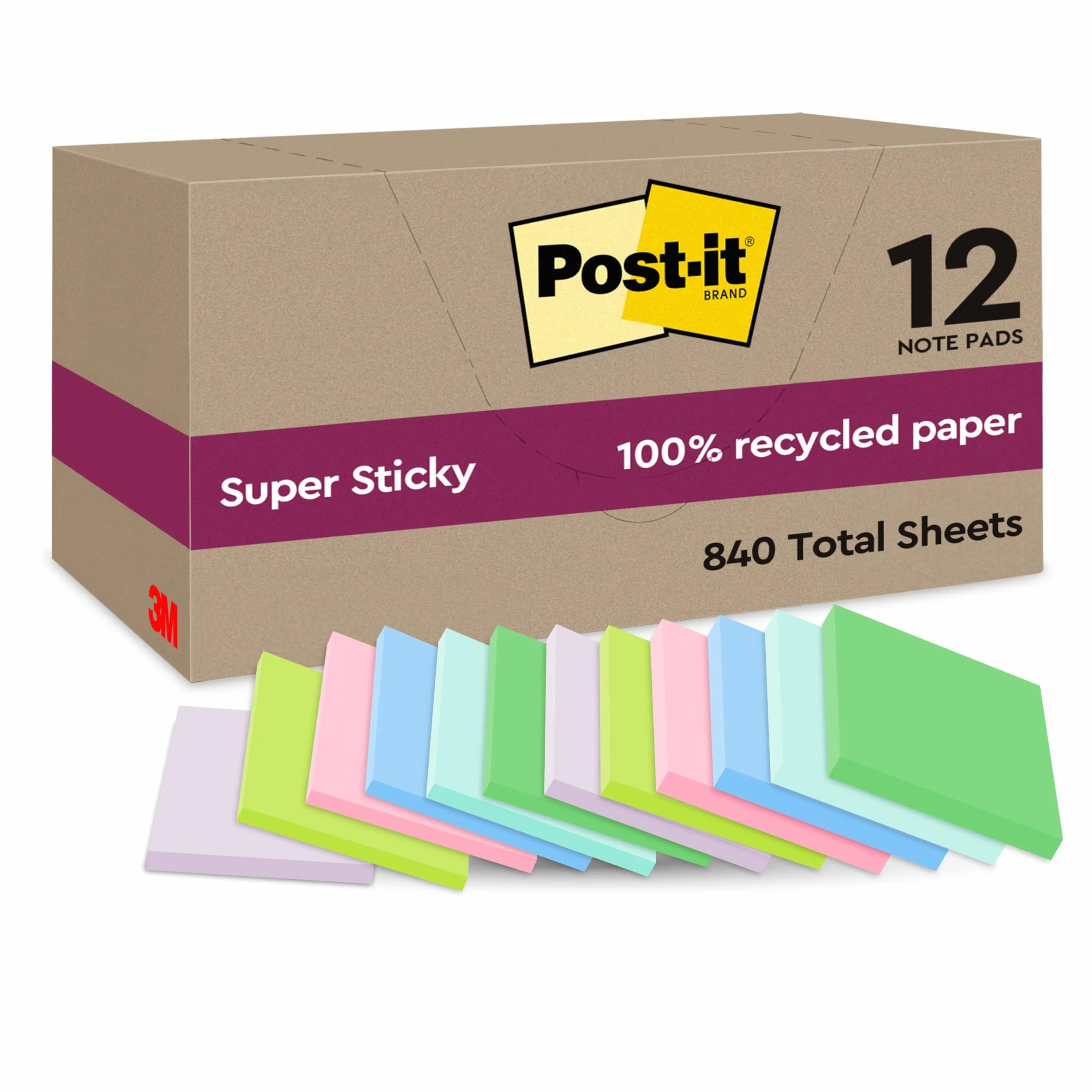 Post-it Notes Autocollantes Super Sticky Recyclés 12 Blocs 70 Feuilles 47.6 mm x 47.6 mm Papier 100% Recyclé