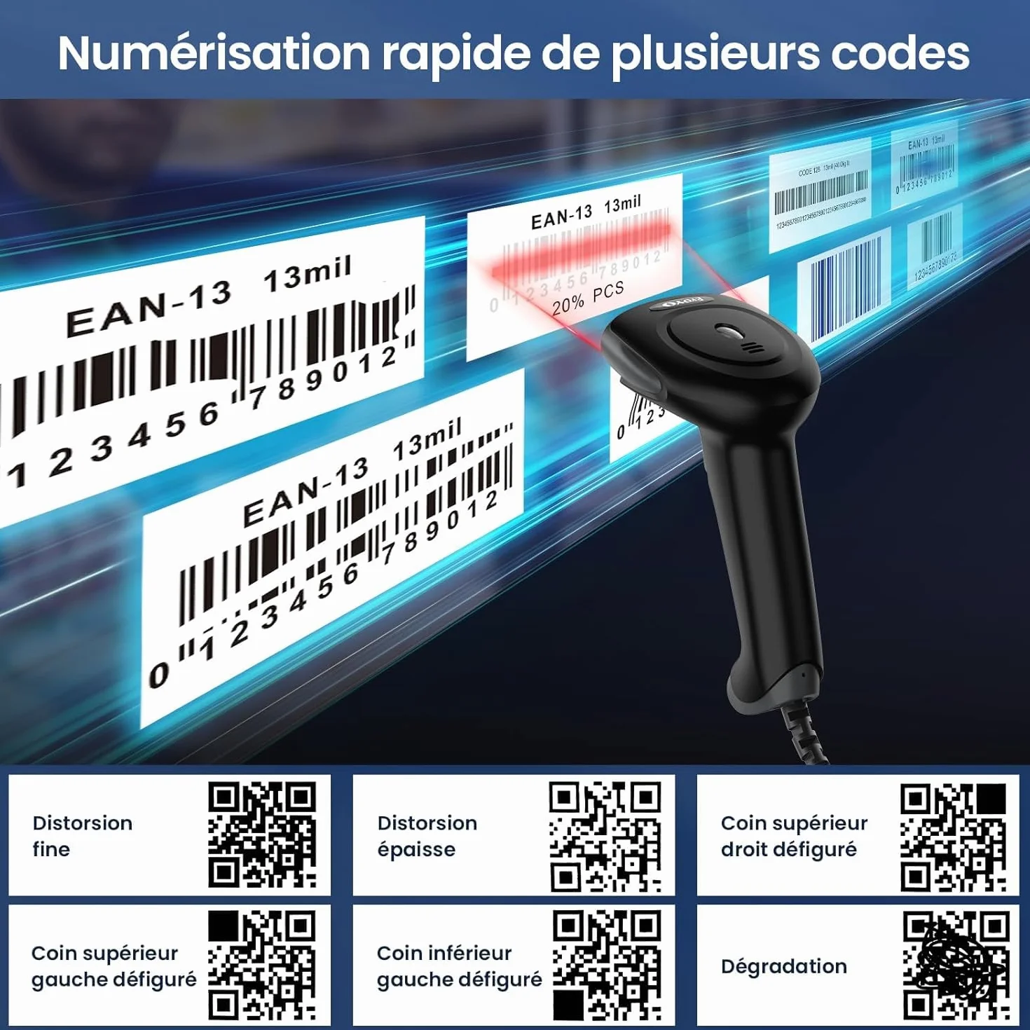 Eyoyo Lecteur Codes Barres 1D 2D USB Douchette Scanner Code Barre QR PDF417 Data Matrix pour PC Mac