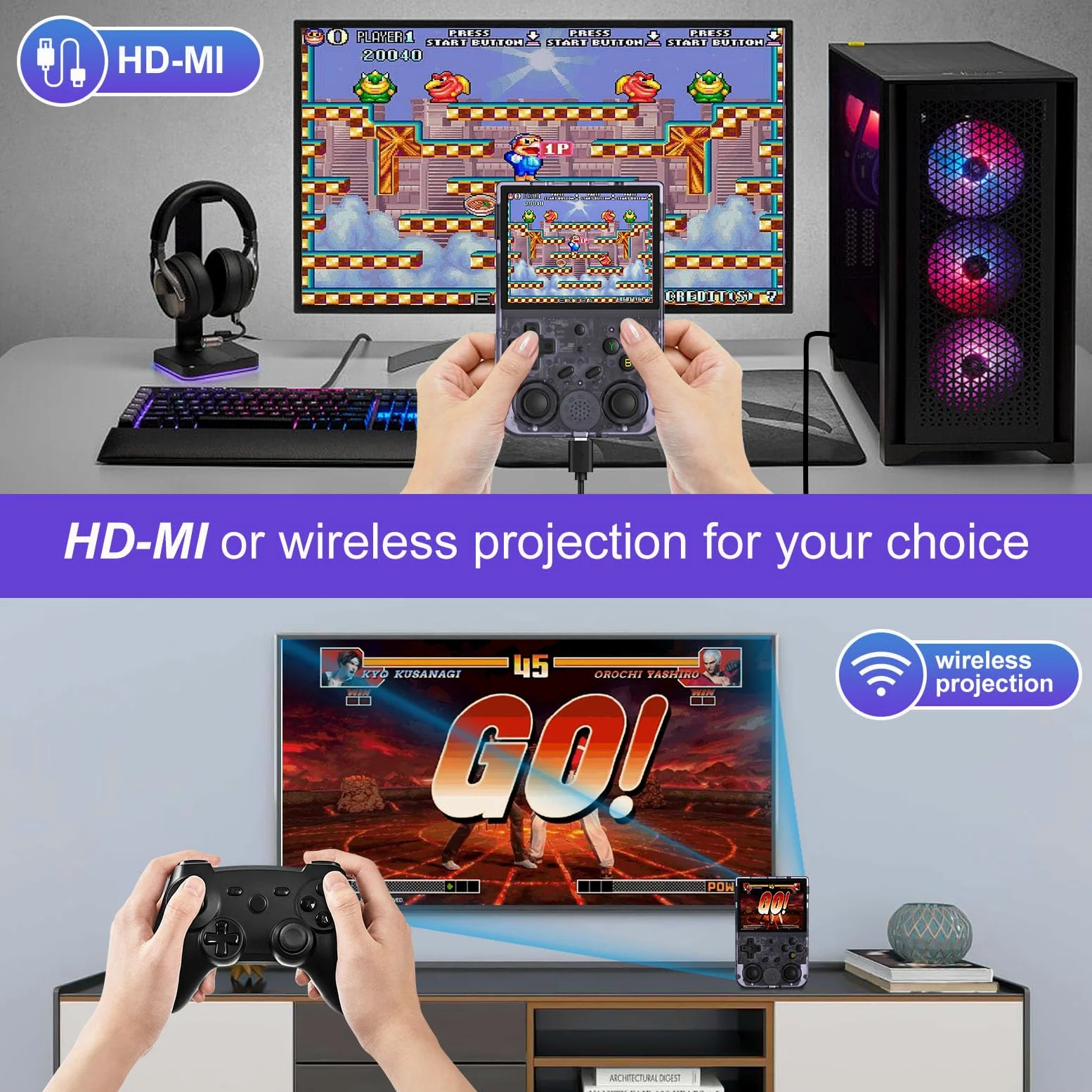 ANBERNIC RG353V Console de Jeu Portable 2.4G/5G WiFi 4.2 Bluetooth 64G SD Card, Batterie Haute capacité 3200 mAh, Violet Transparent