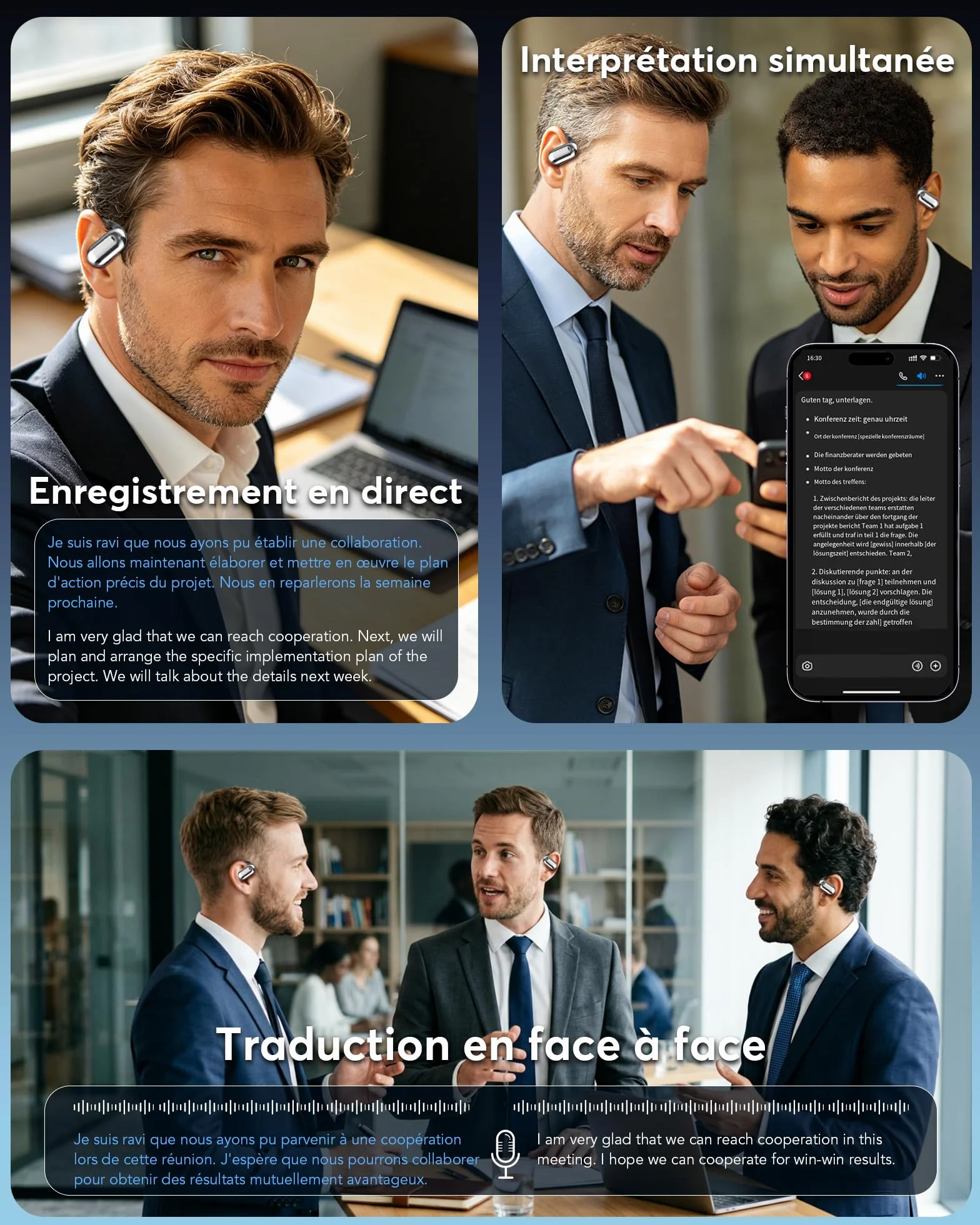 AI Ecouteur Traducteur Instantané Bluetooth 6.1, 3 en 1 198 Langues 8 Modes Traduction avec APP, 80H Oreillette Noir