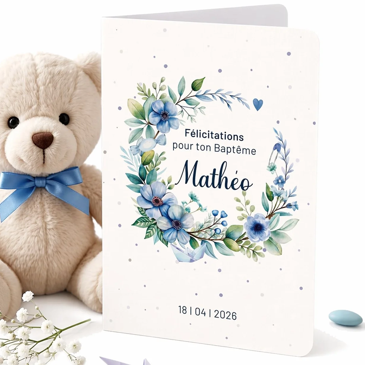 Carte félicitations baptême personnalisée, couronne fleurs, prénom, date, texte personnalisable, thème bleu garçon