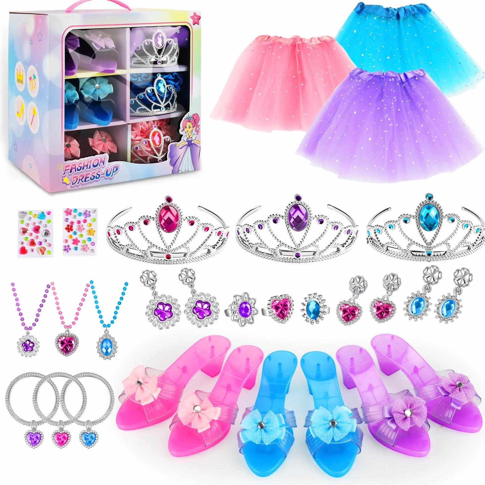 Fille Robe Princesse avec 3 Paires Chaussures Talon Enfant, 3 Jupes, Couronne, Collier, Cadeaux Halloween Noël