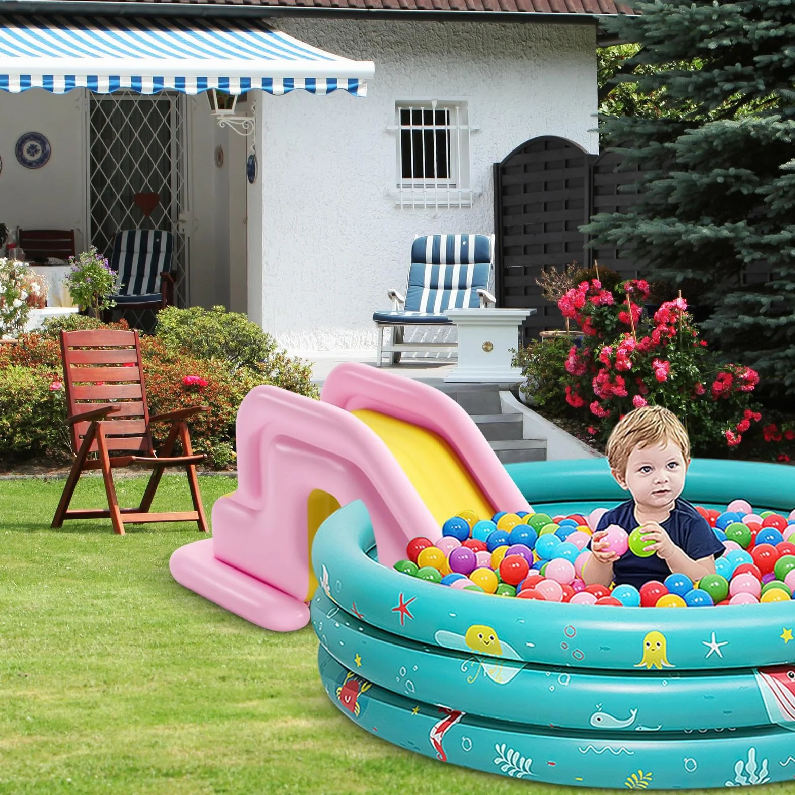 Toboggan Gonflable Aquatique avec Marches Anti-Retournement pour Piscine Hors Sol