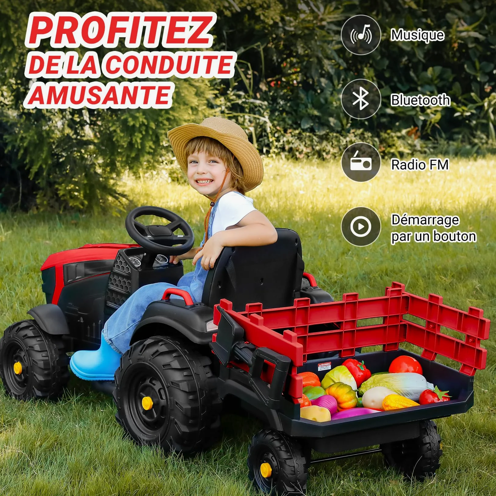 ELEMARA 24V 9AH Tracteur Electrique Enfant avec remorque Amovible Facile,400W Motors Voiture électrique Enfant, Jouet Tracteur Electrique,Ceinture de sécurité à 3 Points pour Les âges 3 +, Rouge