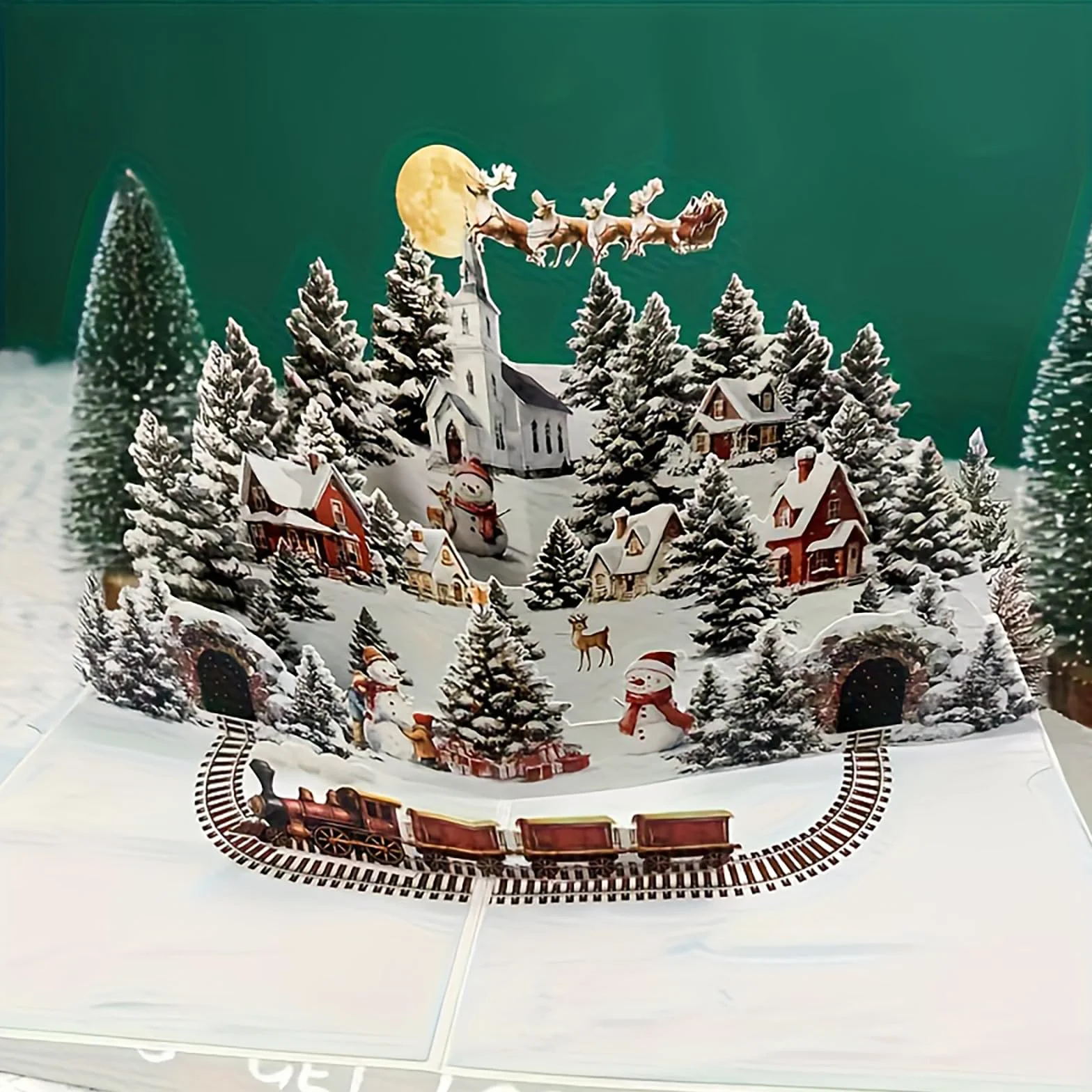 3D Carte de Noël Pop-Up avec Père Noël et Rennes, Enveloppe Incluse