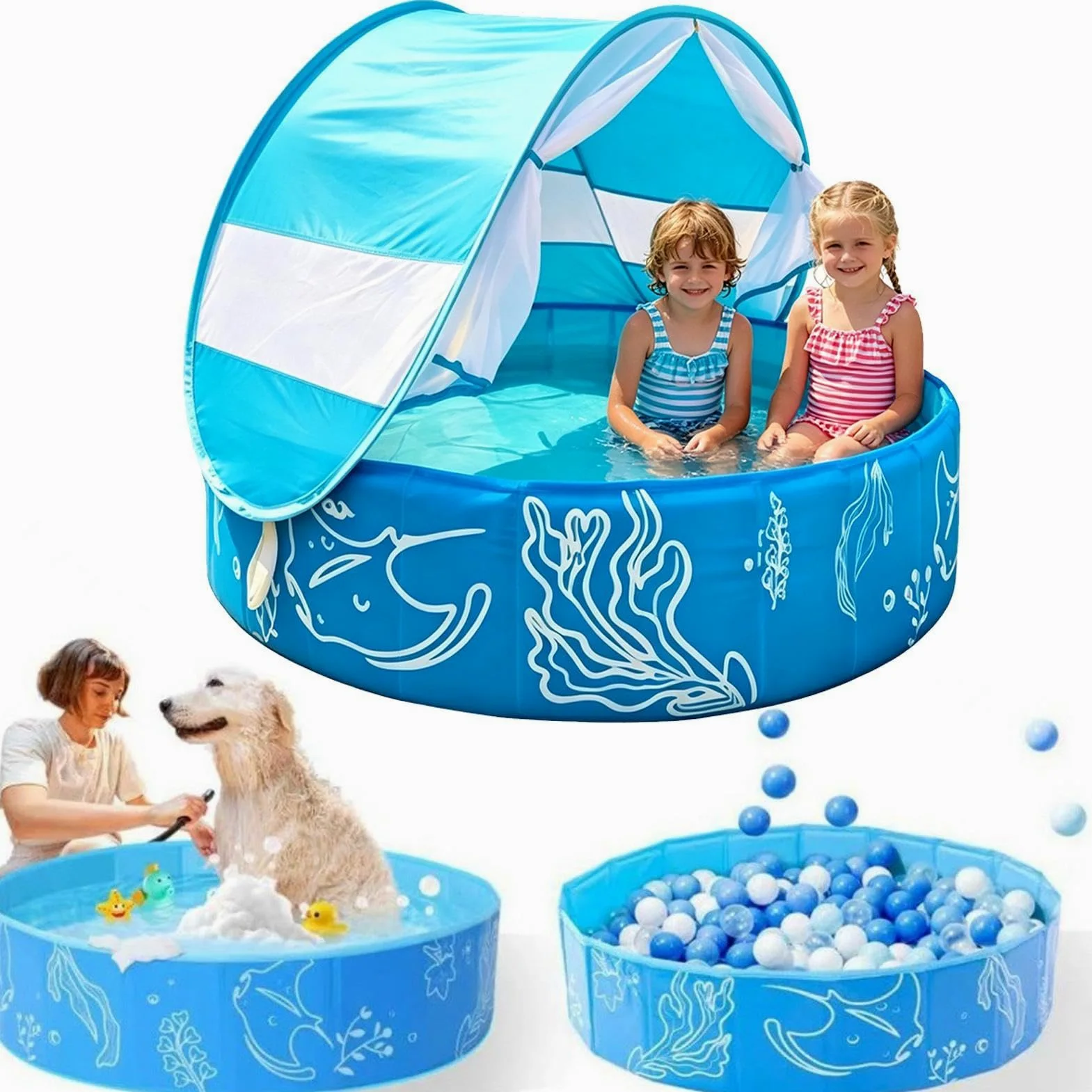 Piscine pour enfants avec auvent solaire et filet de protection pliable | Piscine pour enfants de 120 x 30 cm pour jeu extérieur en été, patio, plage, voyage et jardin