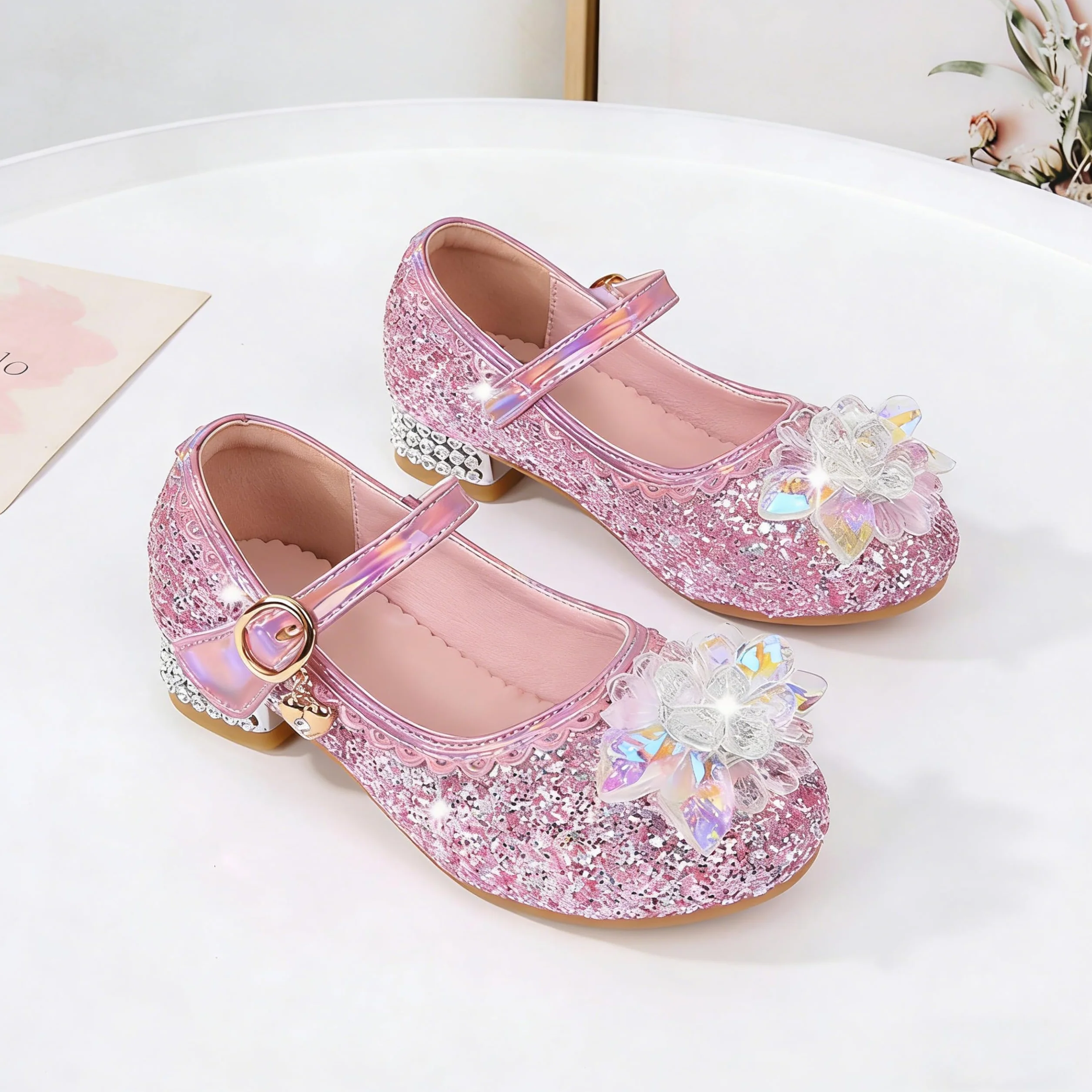 Chaussures de Princesse pour Fille Talon Haut Paillettes Antidérapant Sandales Mariage Rose 25 EU