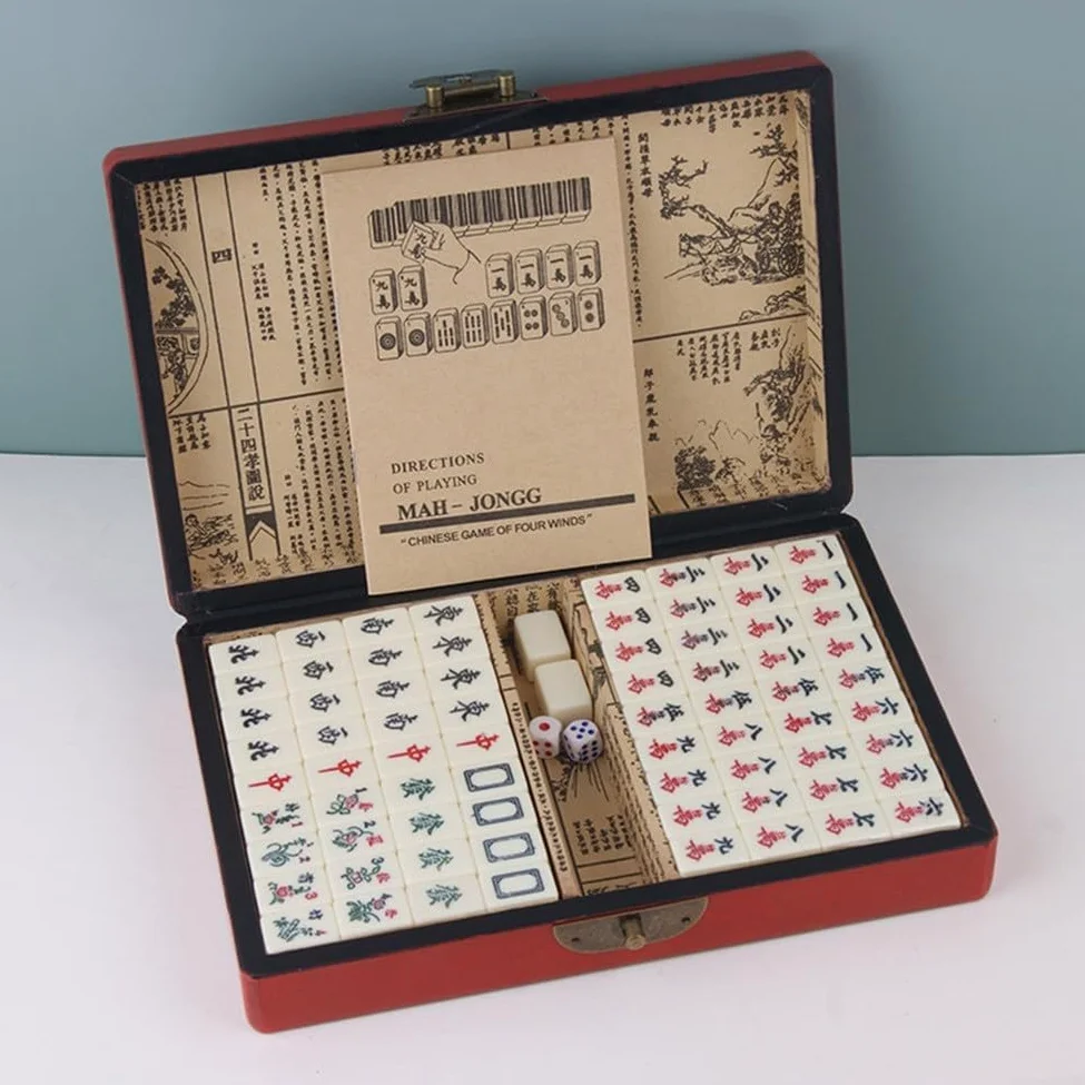 Jeu de pour mahjong Chinois 144 Tuiles avec Étui en pour bois | 144 tuiles complètes, 2 dés inclus, instructions anglaises, règles chinoises, jeu familial(without handle)