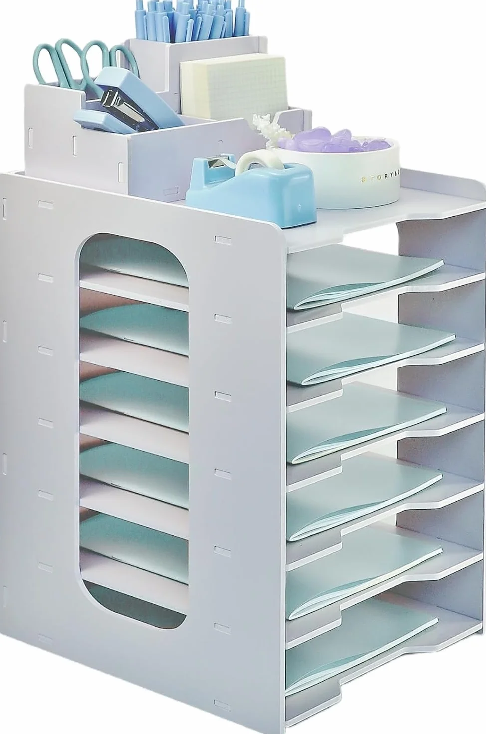 Bac à Courrier Empilable 7 Niveaux, Organisateur de Bureau A4 Bois Plastique Blanc