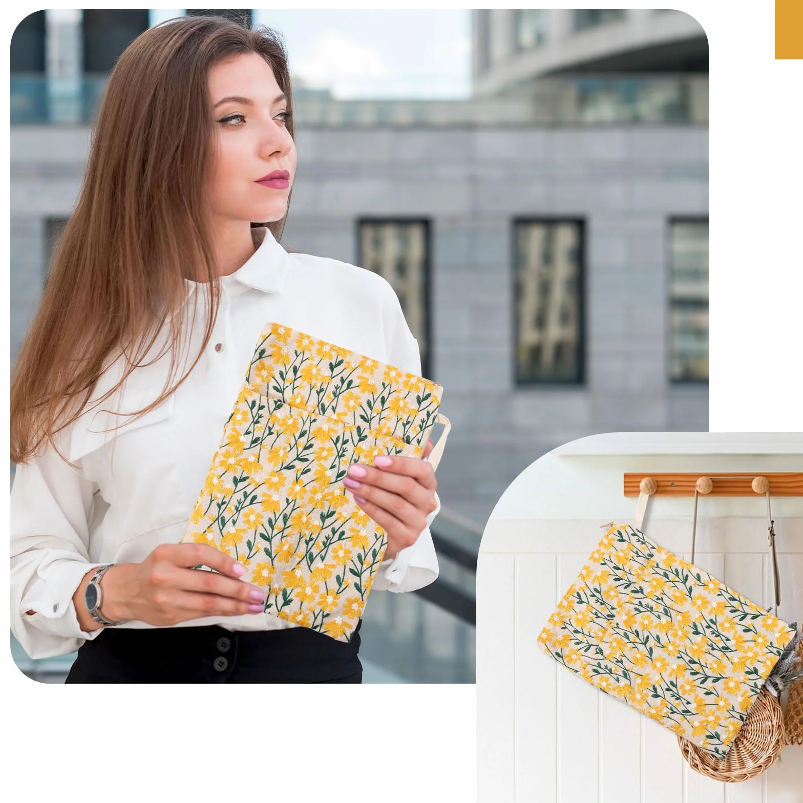 GLOBLELAND Étui de Livre Brodé de Fleurs avec Fermeture Éclair Jaune Marguerite pour Livres Brochés et Reliés