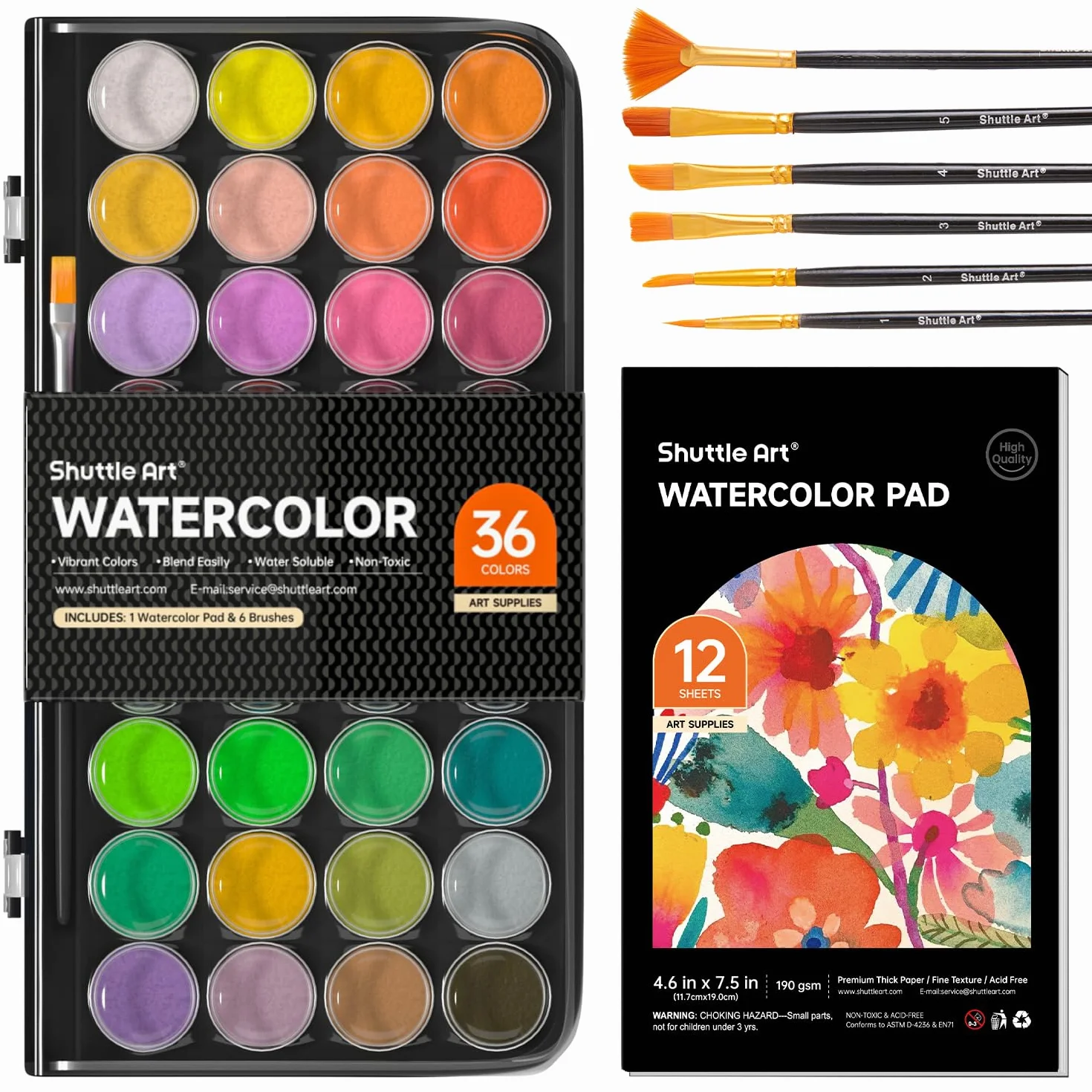 Shuttle Art Aquarelle Peinture, 36 Couleurs Set de Peinture Aquarelle avec 6 Pinceaux et 1 Bloc