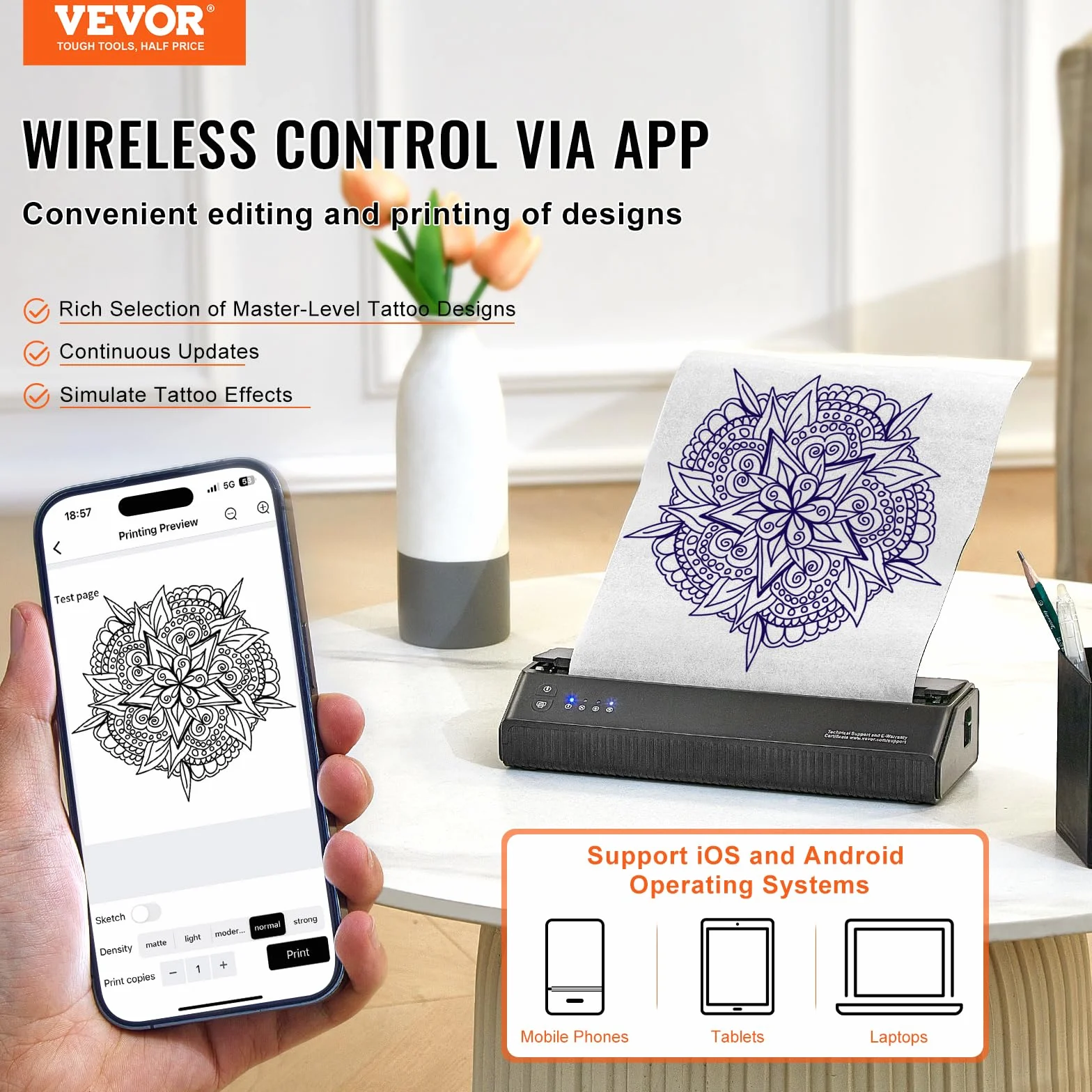 VEVOR Thermocopieur Tatouage sans Fil Bluetooth, Imprimante Tatouage avec 10 Papiers, Machine Transfert Tatouage iOS Android iPad PC
