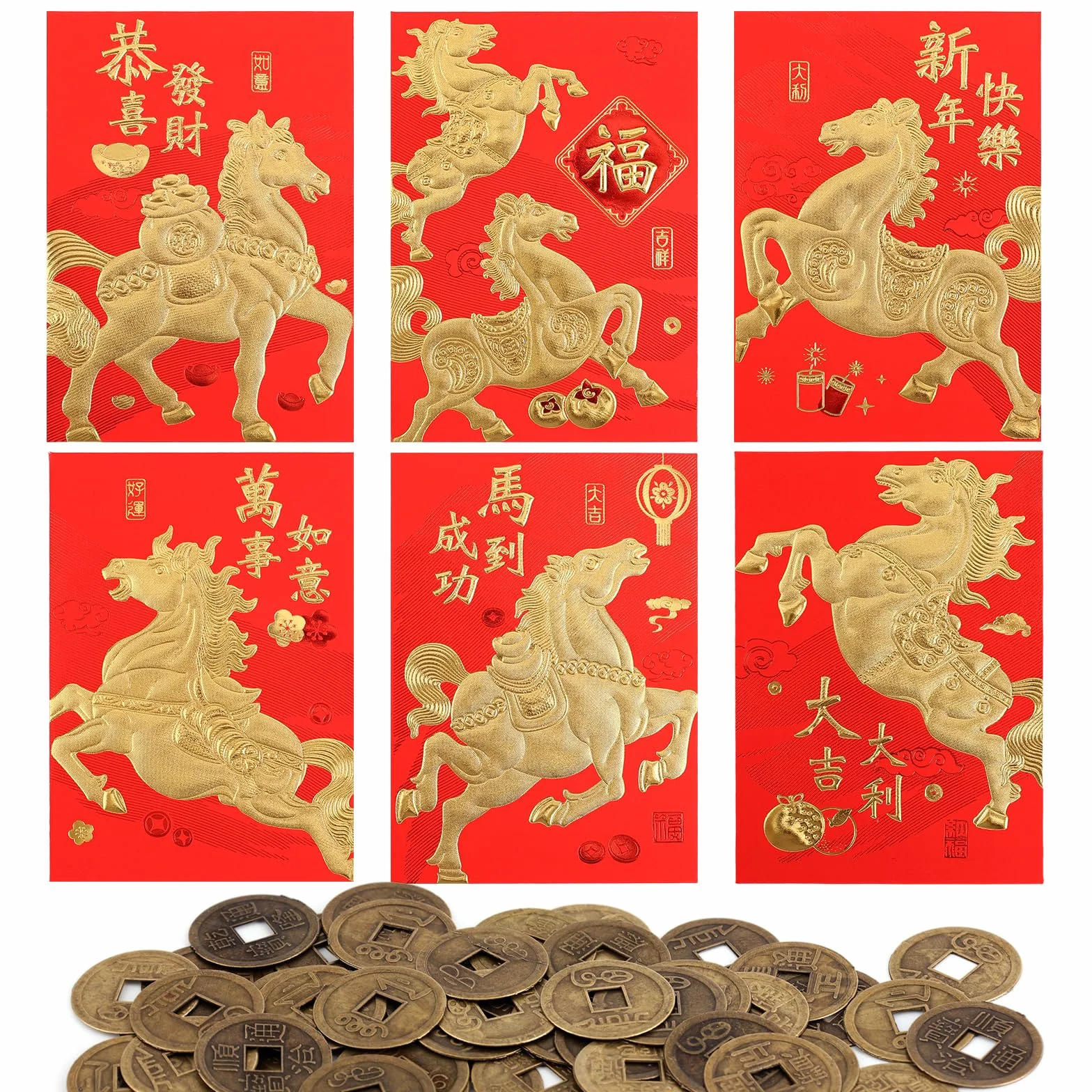 36pcs Enveloppes Rouges Nouvel An Chinois 11,5x8cm Porte-Bonheur Fête Printemps 2026 Année Cheval 6 Modèles
