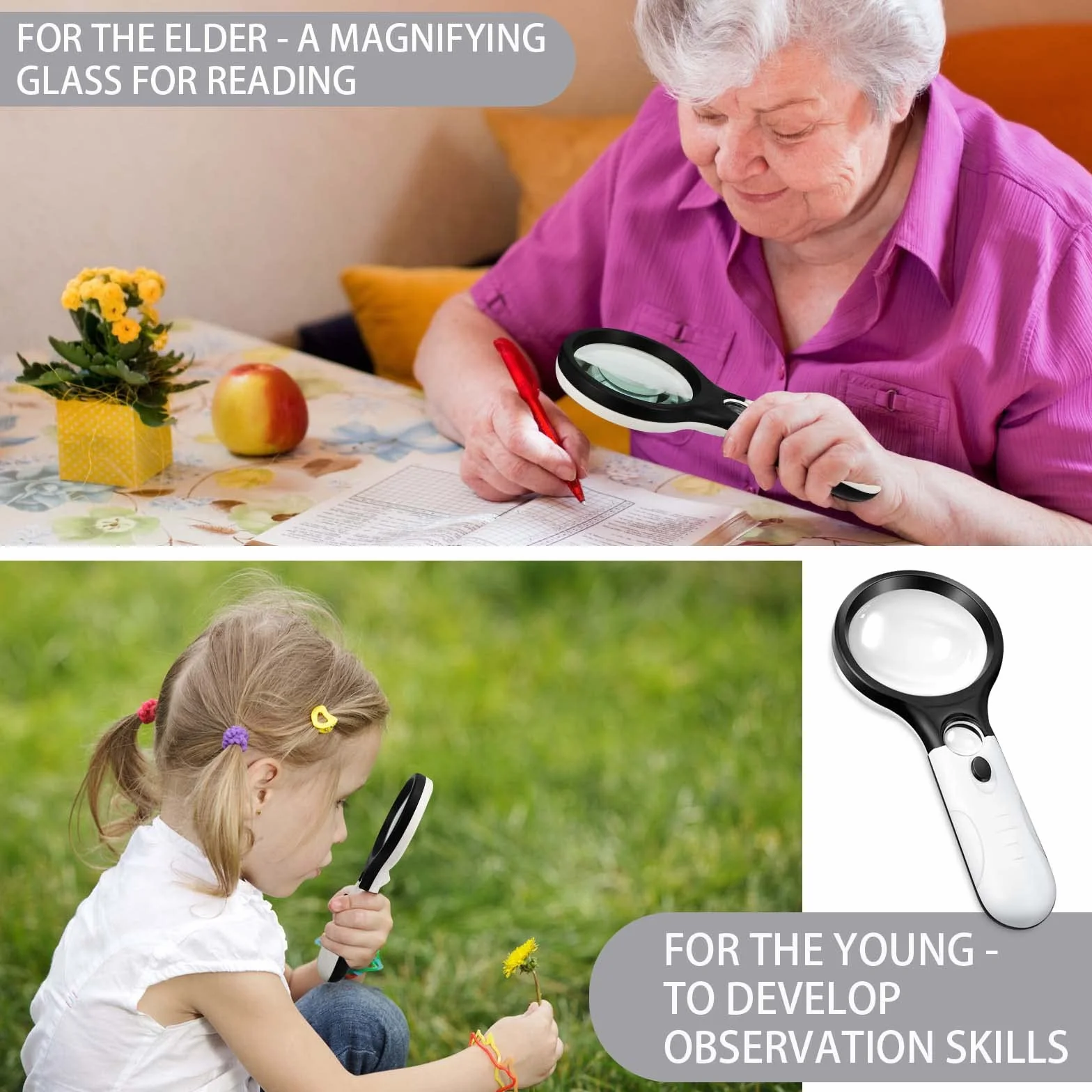 Loupe avec lumière 10X-30X double lentille 3 LED portable pour lecture personnes âgées enfants