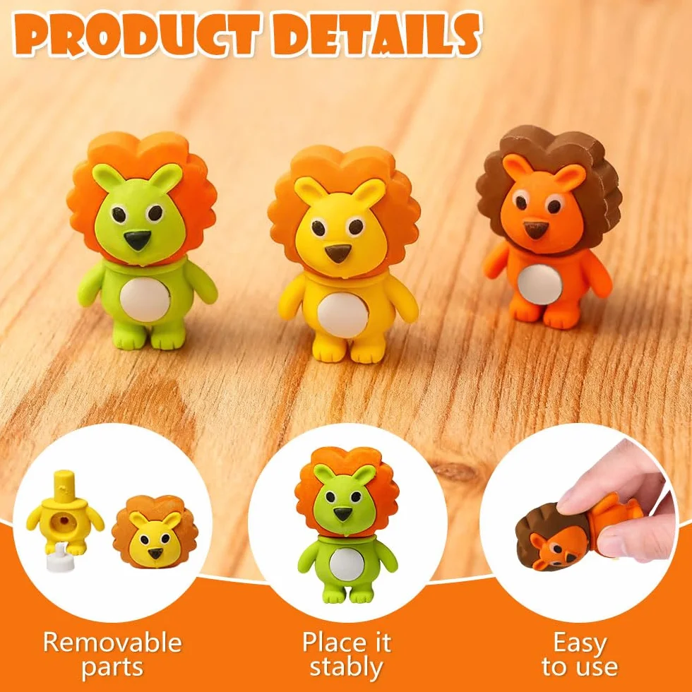 Gomme en Forme Lion Animaux 48 Pièces Amusante Détachable pour Enfants
