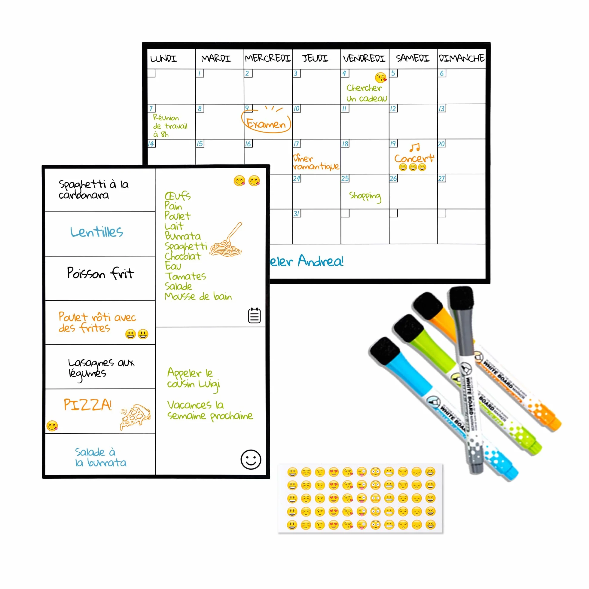 Calendrier Magnétique Mensuel A4 + Tableau Hebdomadaire A4 + Marqueurs Premium + Stickers | Planning Frigo Familial