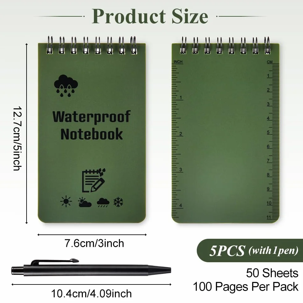 Carnets Étanches 5 Pièces 3 x 5 Pouces Bloc Note Spirale Mini Imperméables avec Stylo