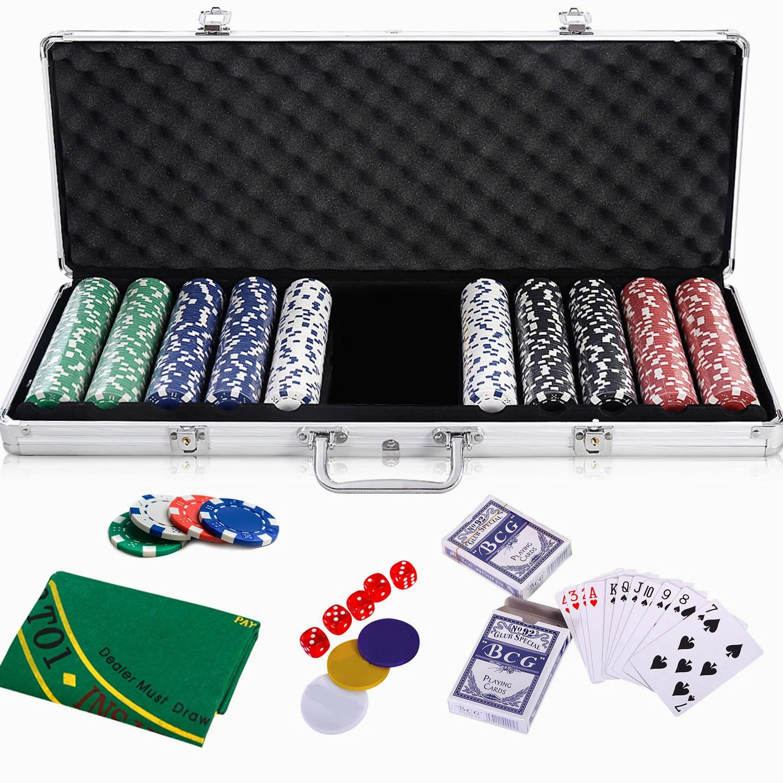 HOMASIS Kit de poker avec 500 jetons, valise de poker avec 2 jeux de cartes, 5 dés, tapis de casino, 3 boutons de croupier, mallette de poker verrouillable professionnelle en aluminium, jeu complet de