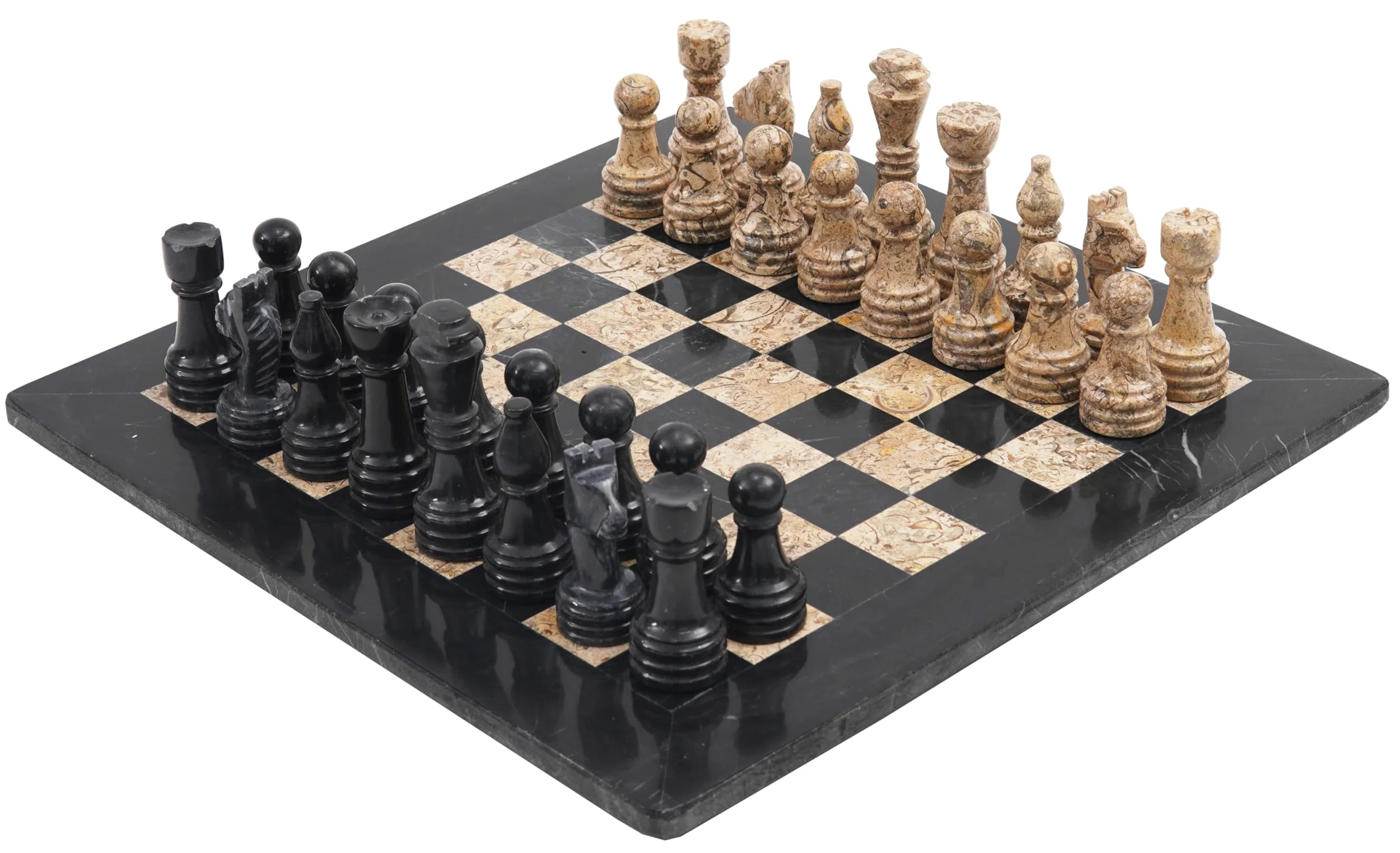 Radicaln Jeu d'échecs en marbre 38,1 cm Noir et Corail fossile Jeux de société Faits à la Main pour Adultes – 1 échiquier et 32 ​​pièces d'échecs – Jeu d'échecs pour Adultes