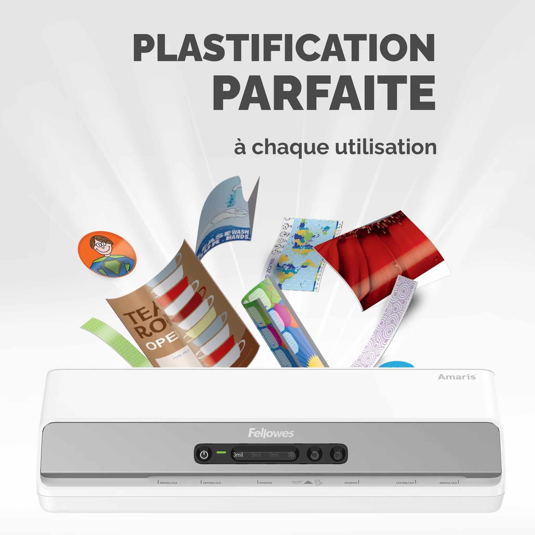 Fellowes Plastifieuse Amaris A3, Chauffe Rapide 1 Min, Arrêt Automatique, Mode Veille, InstaHeat, 80-175 Microns, 10 Pochettes A4