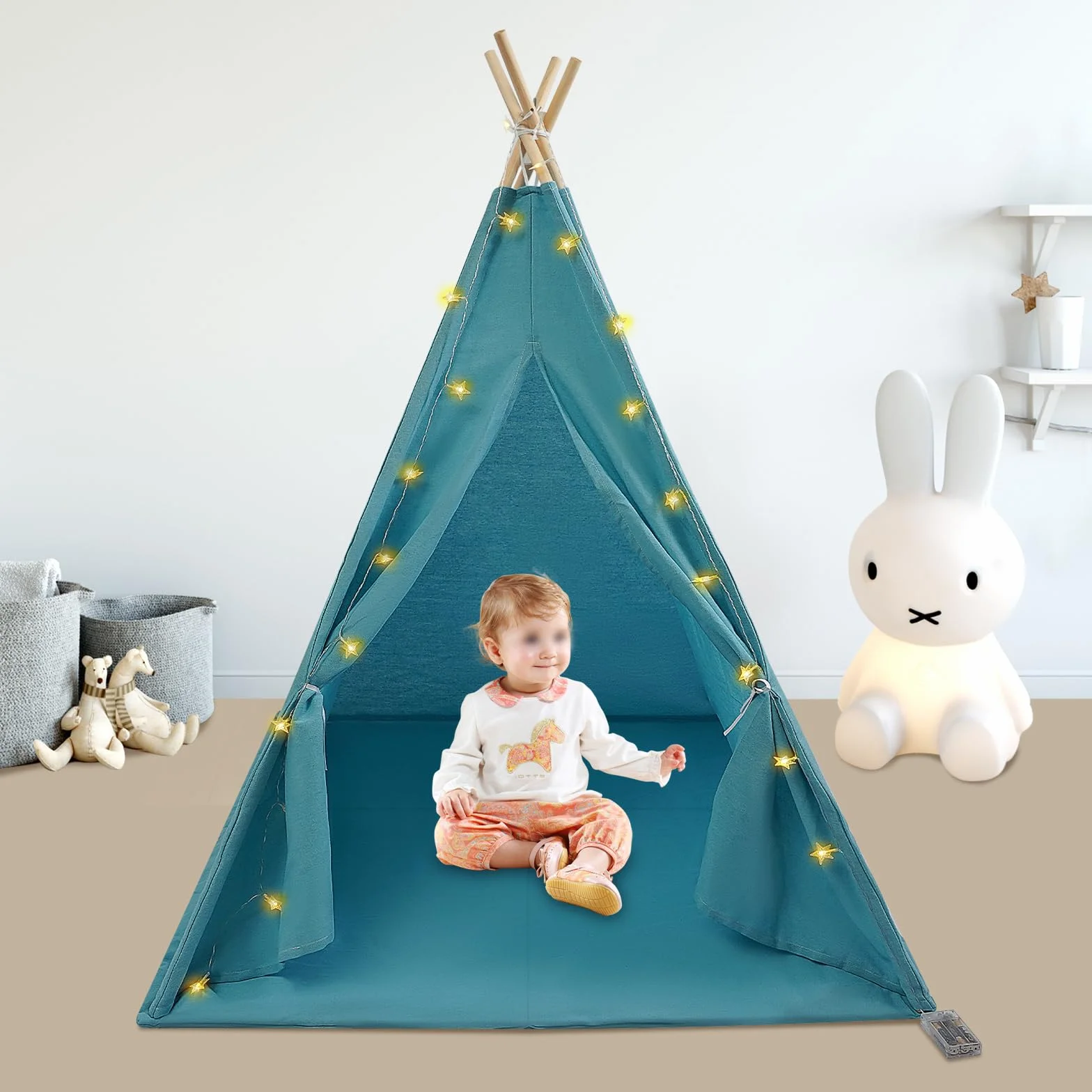Tente Tipi pour enfant avec tapis de sol et guirlande lumineuse - Tente de jeu pliable en coton 120 x 120 x 140 cm Bleu