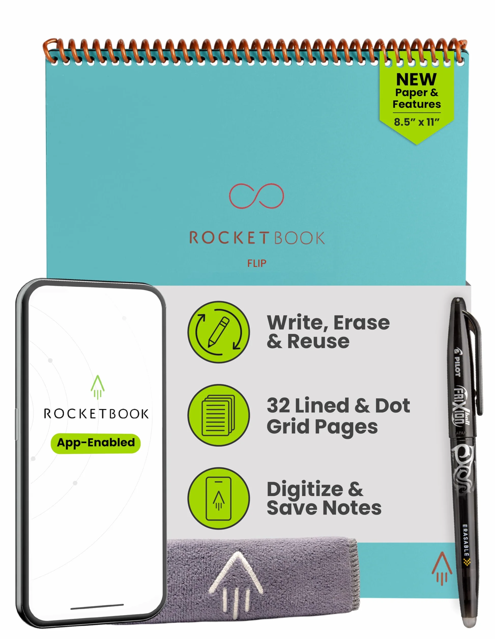 Rocketbook Flip Carnet intelligent réutilisable format lettre 21,6 x 27,9 cm bleu sarcelle