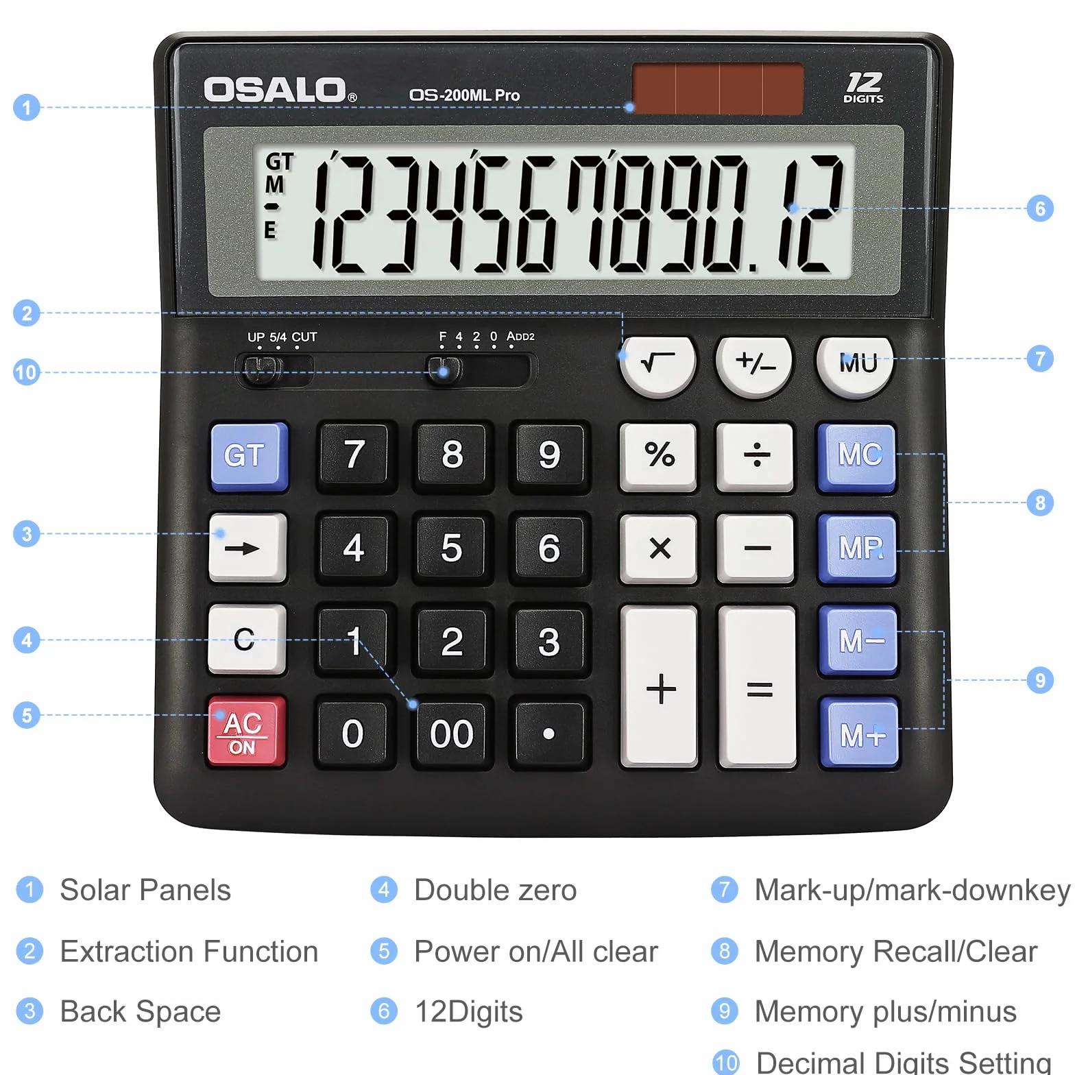 OSALO Calculatrice de bureau extra large grand écran LCD 12 chiffres comptabilité bouton réponse géant batterie solaire