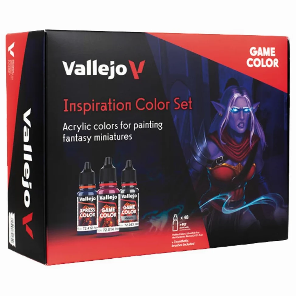 Vallejo Game Color Inspiration Color Set 72182, coffret de 48 peintures acryliques de 18 ml pour figurines et maquettes, 32 mates, 2 métalliques, 2 encres, 2 washes, 2 fluo, 2 FX, 4 Xpress, 3 pinceaux