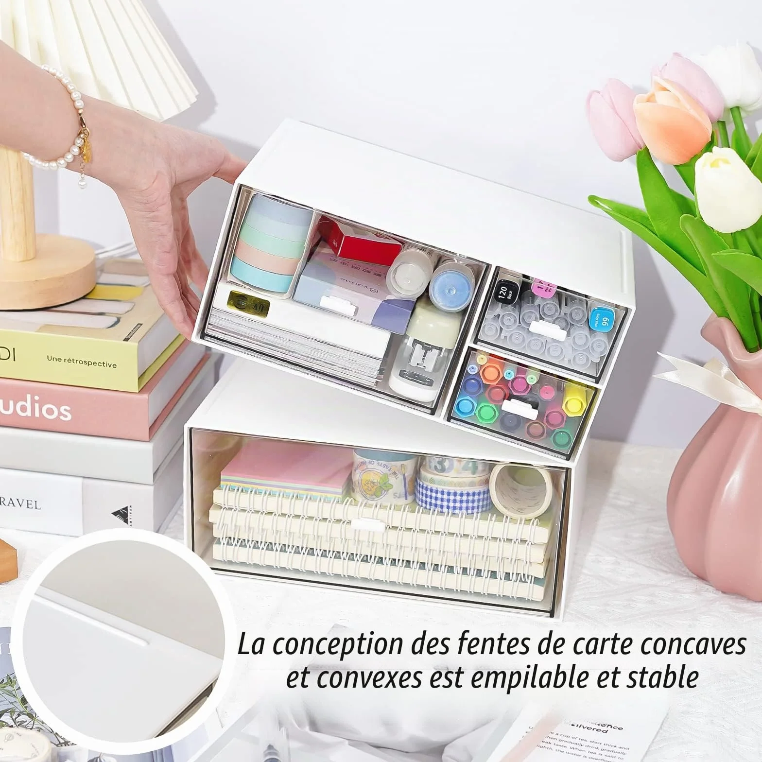 Organiseur de Bureau en Plastique avec Tiroirs, Empilable Grande Capacité, Boîte à Tiroirs pour Fournitures