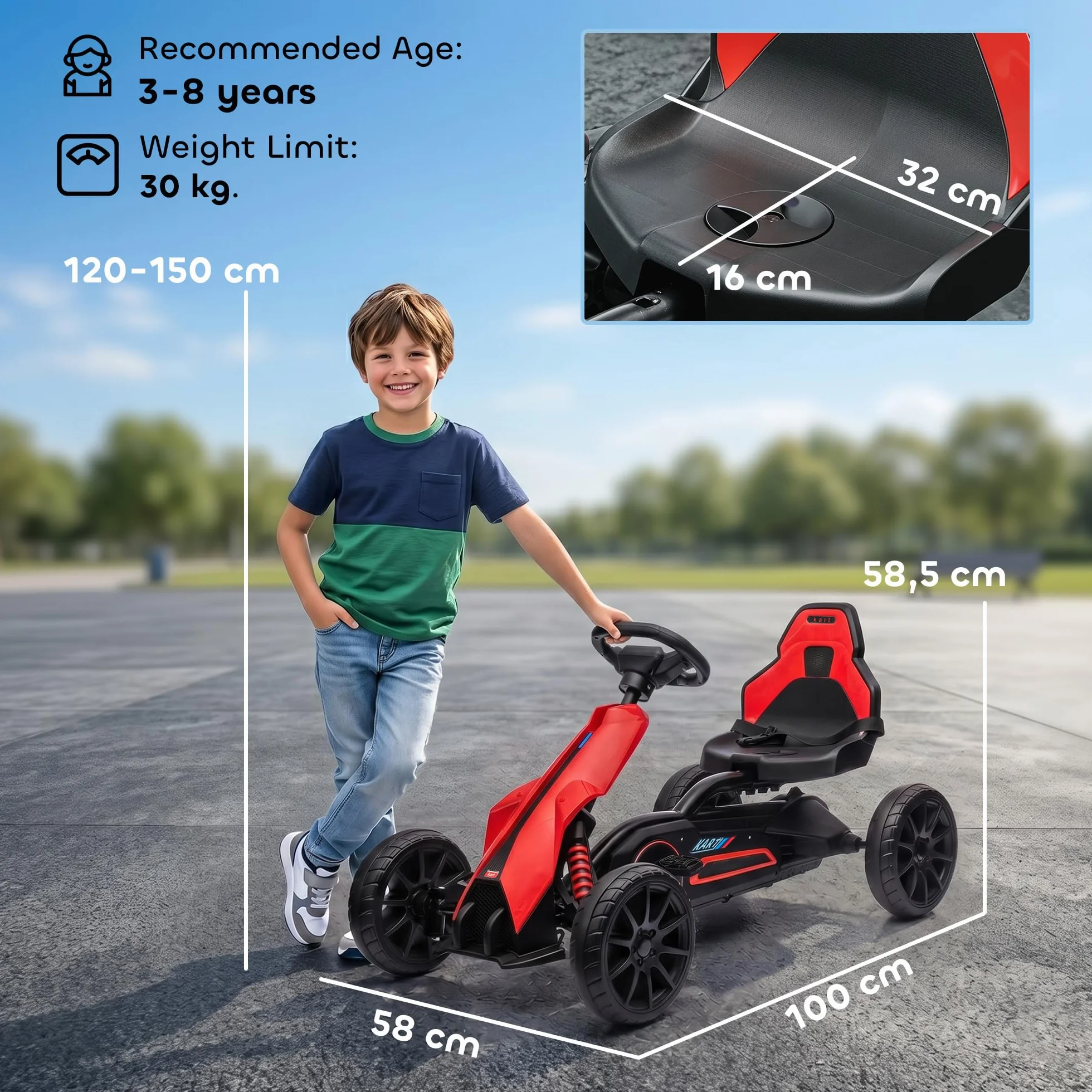 HOMCOM Kart à pédales pour Enfants, siège Ajustable 4 Positions, Roues EVA Silencieux, 100x58x58,5 cm, Rouge et Noir