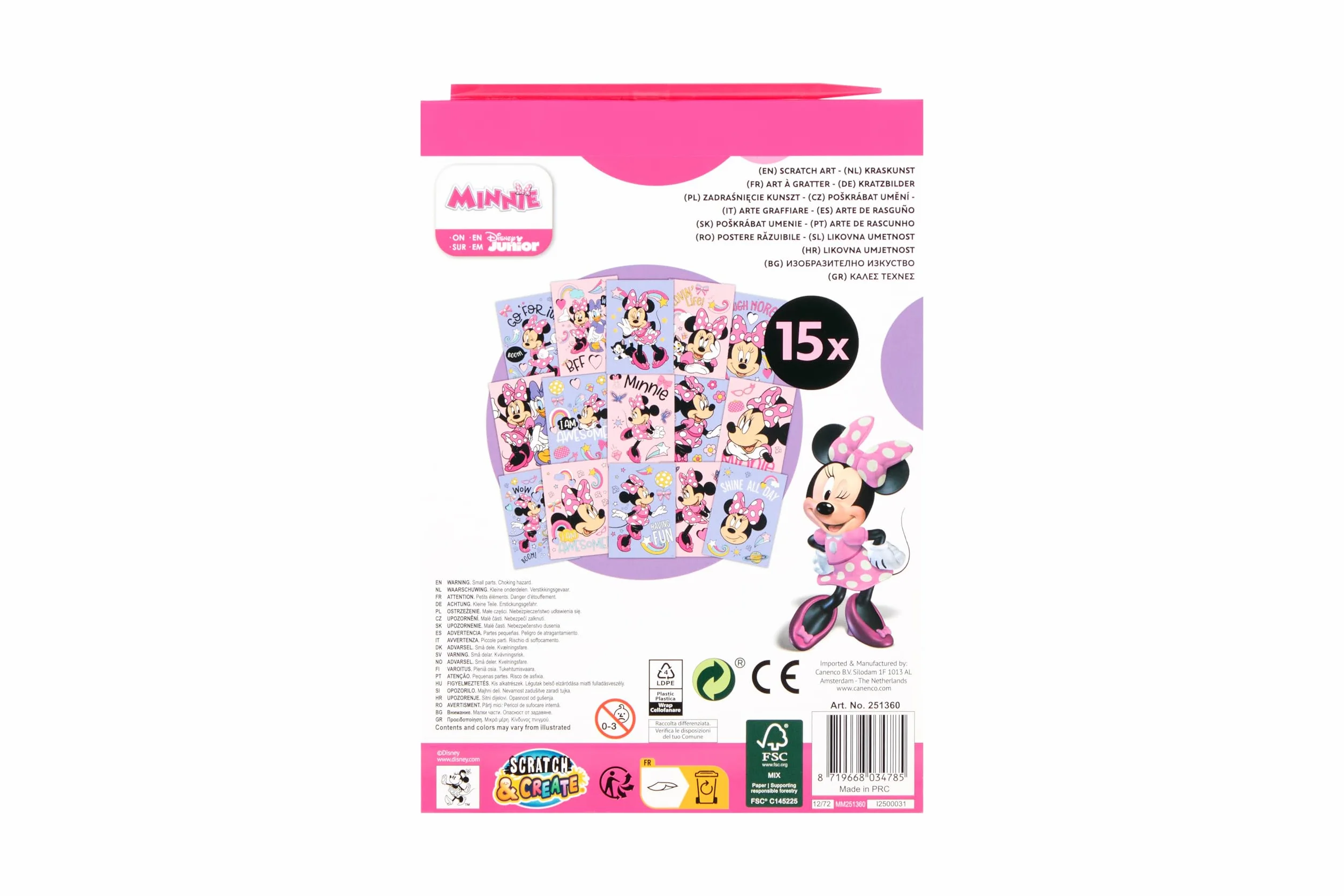 Disney Minnie Mouse Livre d'images à gratter A5 pour enfants avec stylo en bois et 15 motifs arc-en-ciel