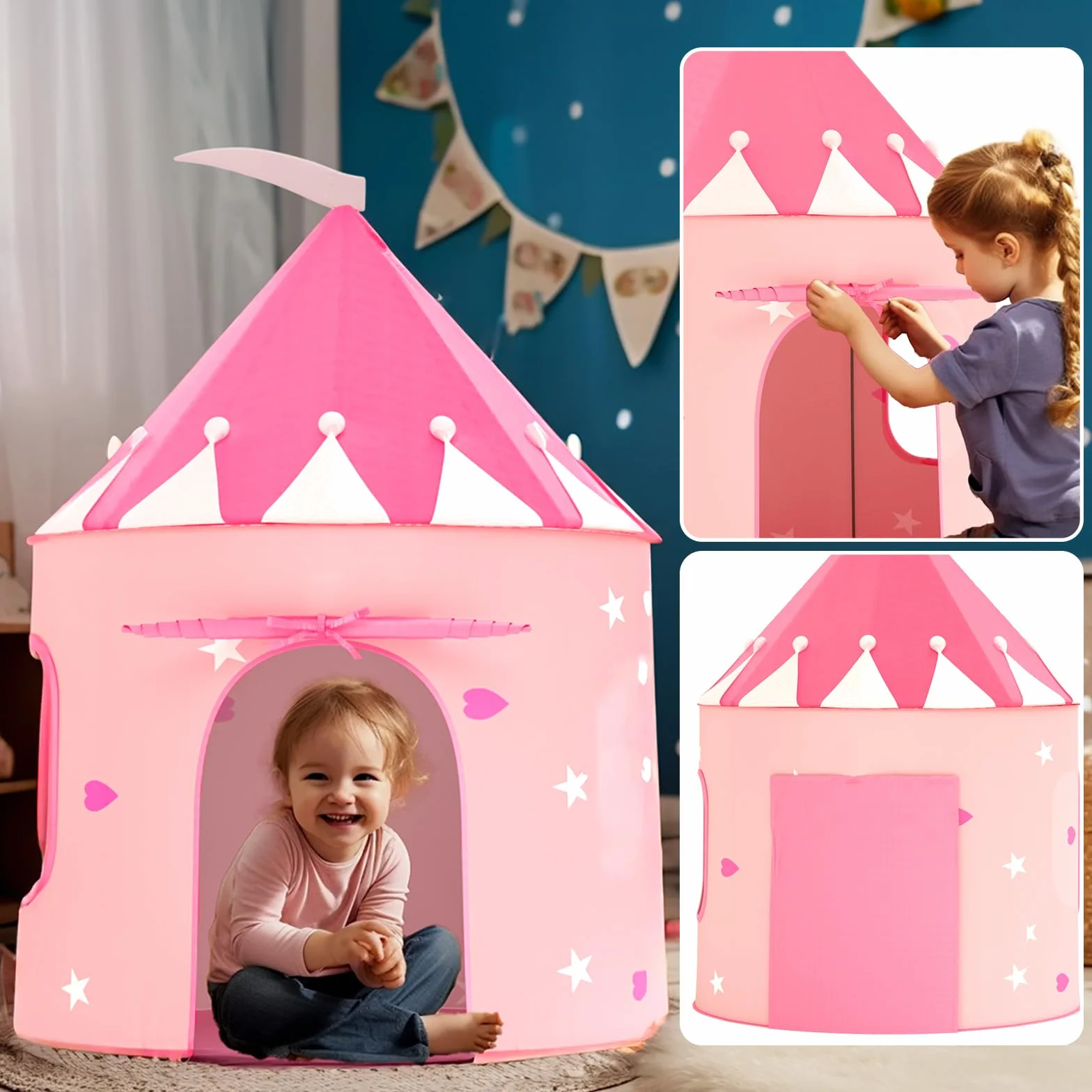 KORIMEFA Tipi Enfant Tente de Jeu Pop-up Portable Cabane Intérieur Exterieur Rose