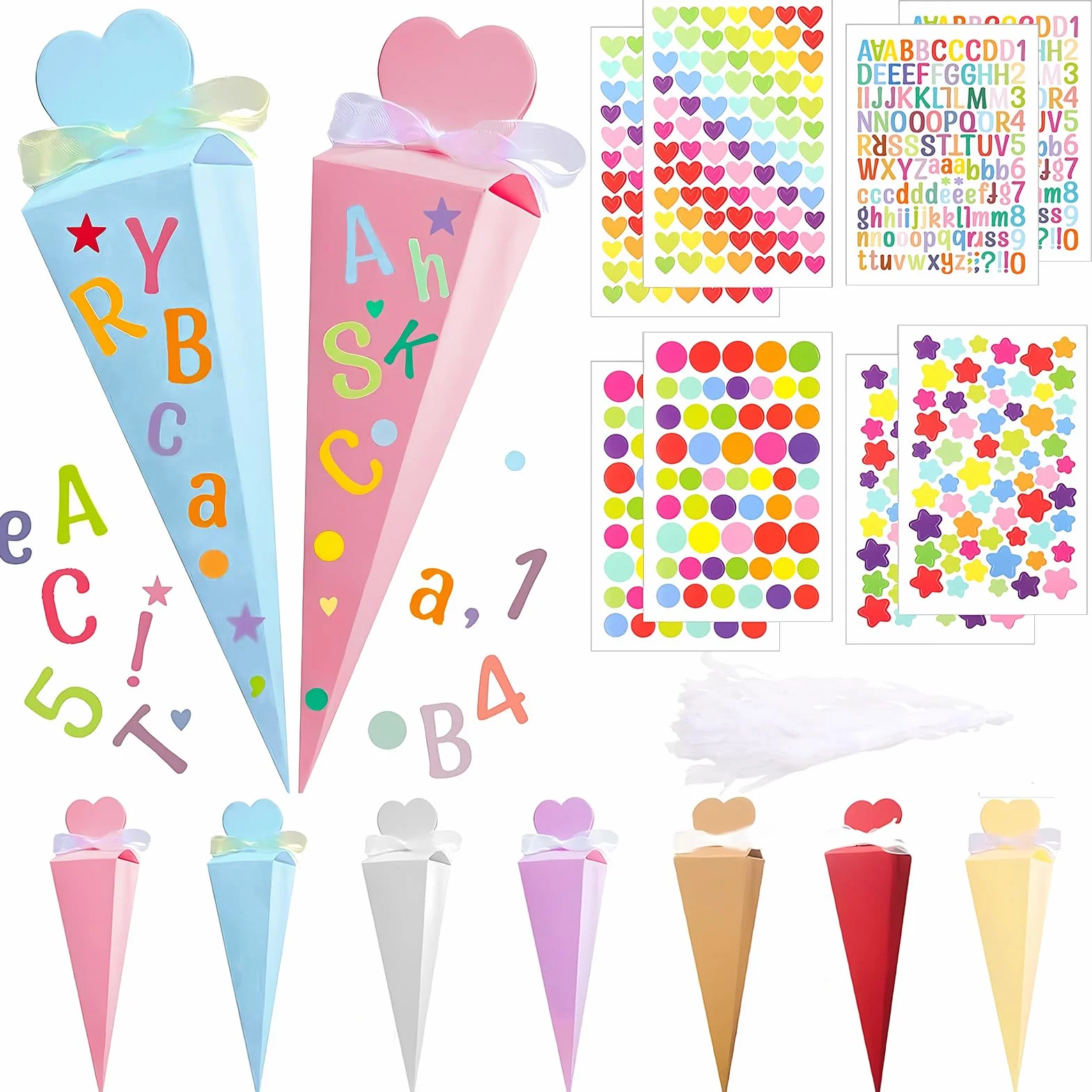 Cornet de Bonbons Forme Cônes Sac Cadeau 35 Pièces avec 16 Autocollants