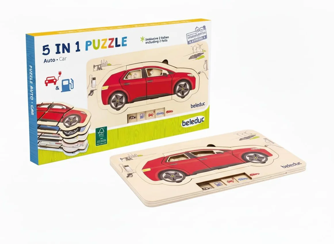 Beleduc Puzzle de couches de voiture, puzzle éducatif en bois 5 couches - Jouet motricité dès 4 ans - Montessori - Construction véhicule