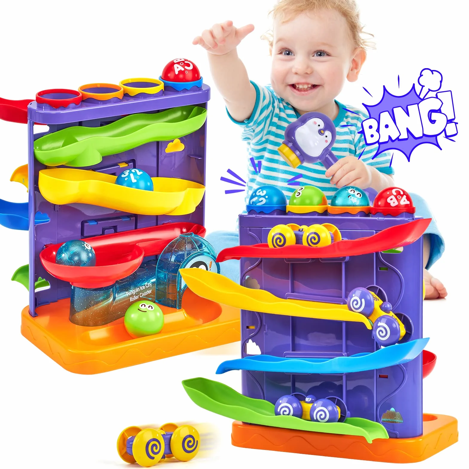Jouet Bebe 1 an 2 En 1 Circuit Voiture & Pound A Ball Jouet Enfant 1 2 Ans avec Marteau et Balle, Jouets Éveil Montessori pour Garçon Fille 1 2 3 Ans