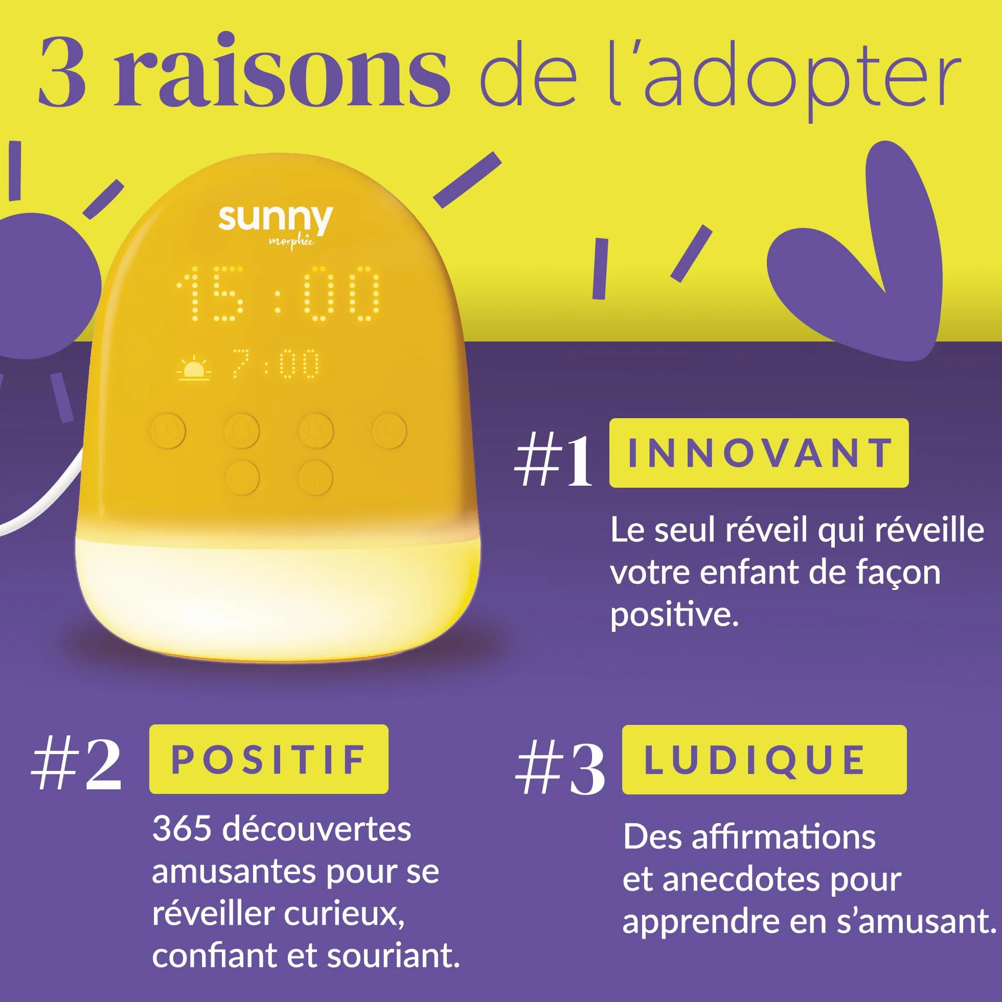 Sunny Morphée Réveil Enfant 365 Découvertes Audio Veilleuse Jour/Nuit 3-10 Ans Prise Secteur