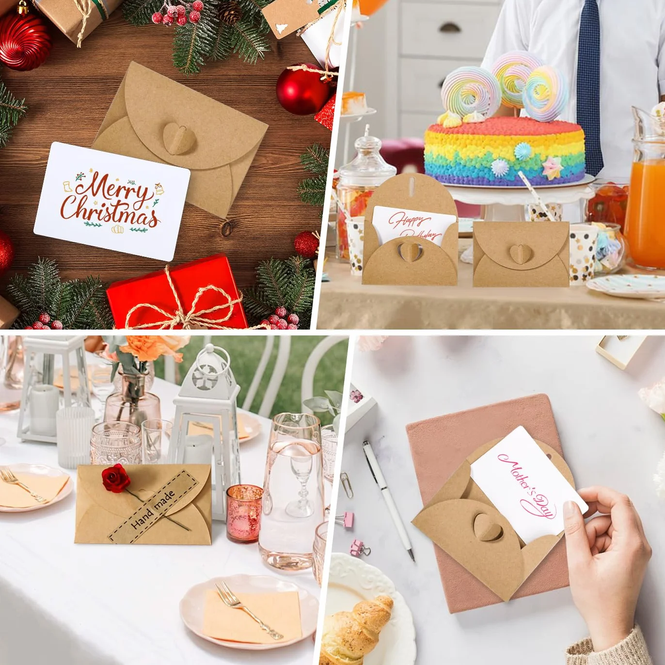 Enveloppes en papier kraft vintage avec fermeture cœur - Lot de 50 avec cartes vierges pour mariage, remerciement