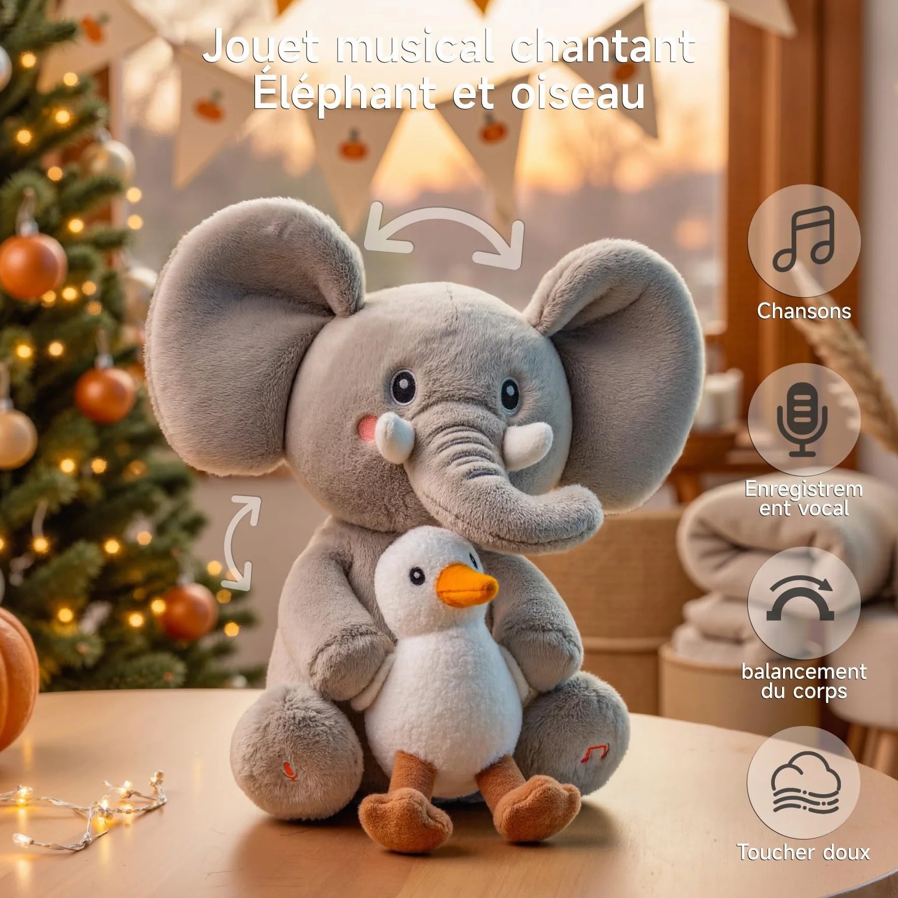 Peluche Animal Dansante et Repetante pour Bebe, Jouet Musical Interactif avec Enregistrement, Elephant Parlant, Jeux Animaux avec 6 Chansons