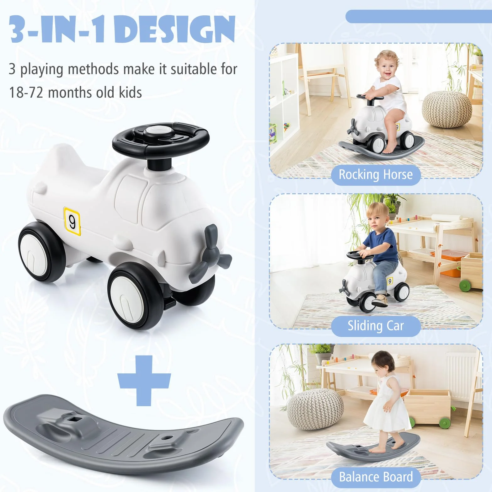 GOPLUS Cheval à Bascule Enfant 3 en 1 Convertible Porteur Planche Équilibre Avion Intérieur Extérieur 1 an+