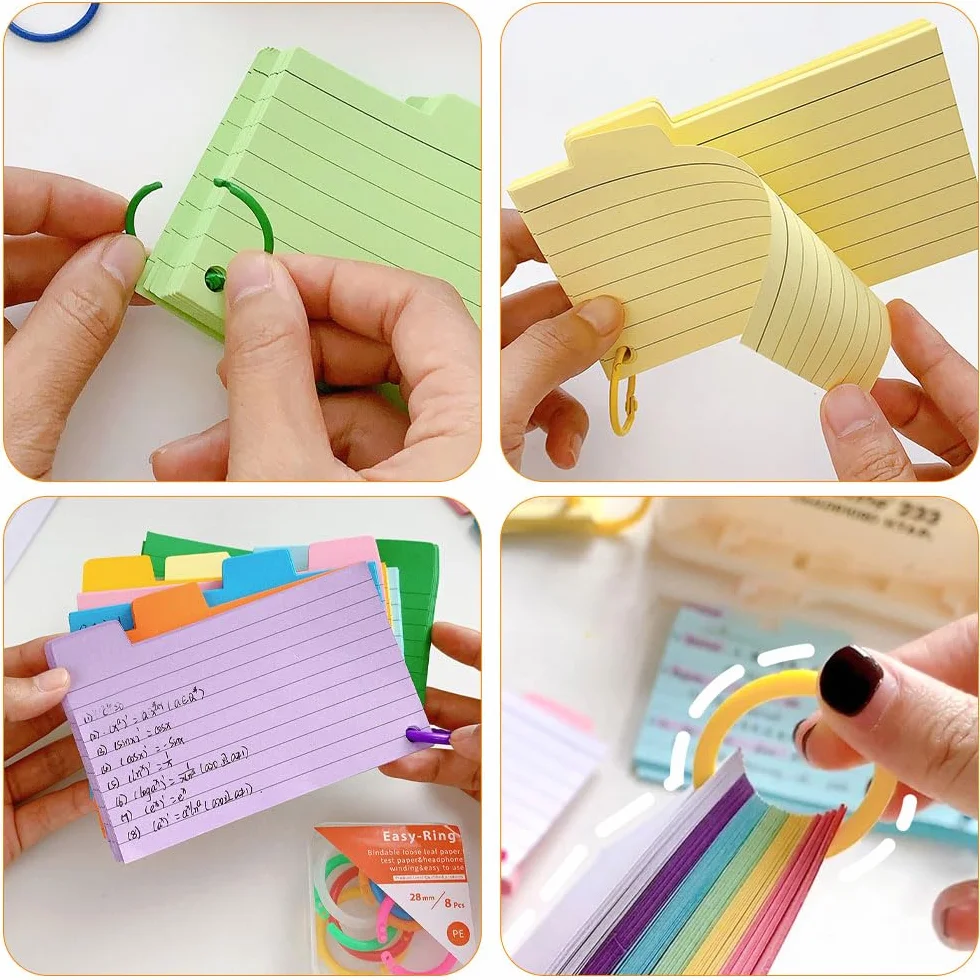 Fiche Bristol Flash Cards 150 Fiche de Revision +150 Doublures Colorées +8 Anneaux de Livre Boîte Index A7 Noir