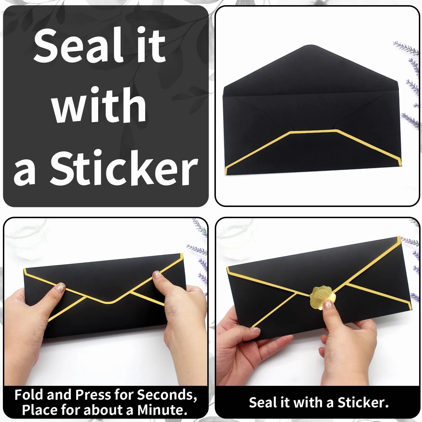 Enveloppes professionnelles noires bordure dorée 150 g/m² 24x10 cm autocollants dorés