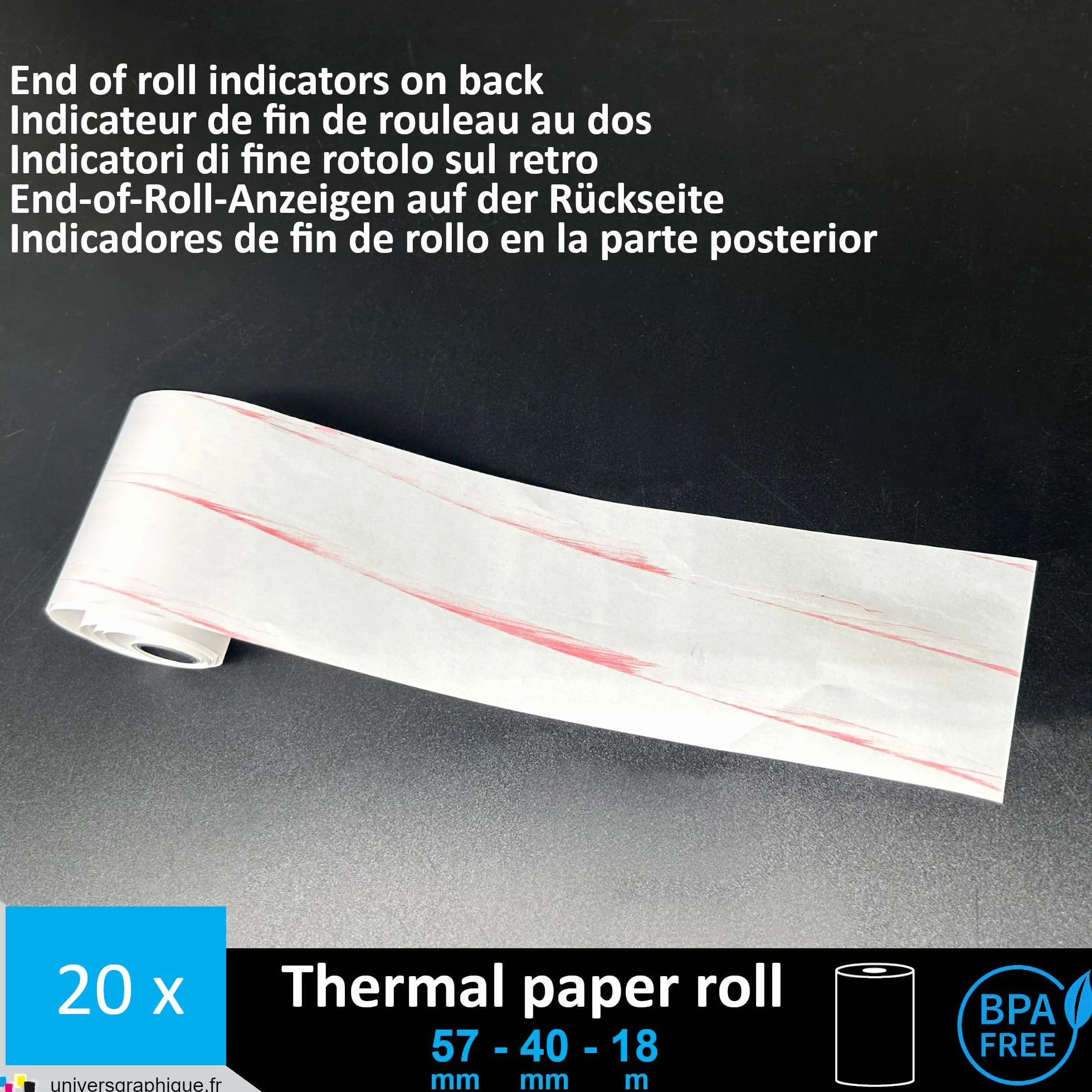 Papier thermique 57 x 40 x 12 rouleaux 20 pièces pour terminal de paiement TPE
