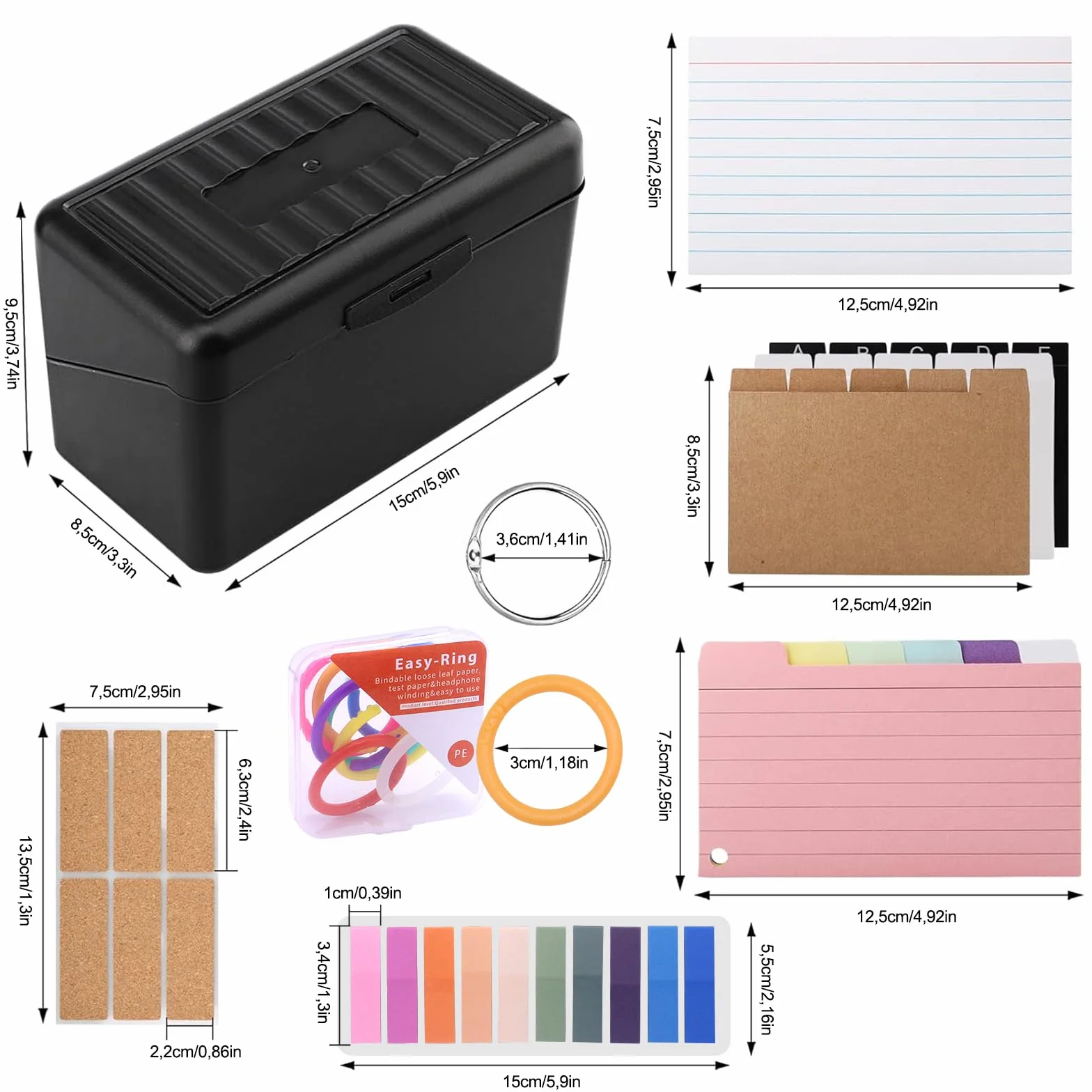 Kit de Boîtes à Fiches avec Étui Noir pour Cartes de Révision, 230 Fiches Adhésives, 15 Fiches Bristol, 15 Anneaux de Classeur