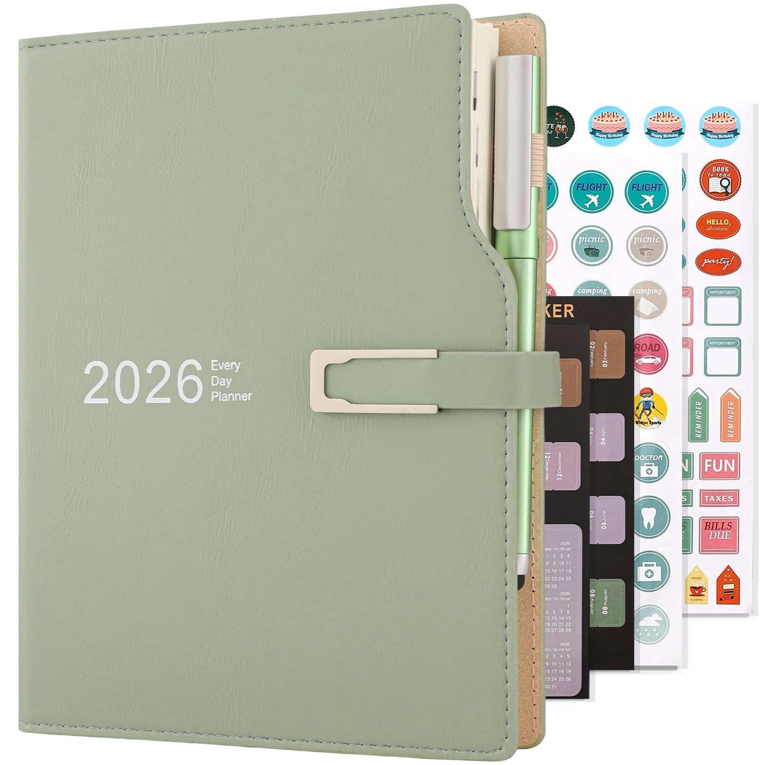 Agenda académique 2026 A5 Un jour par page avec autocollants calendrier porte-stylo et stylo 14 x 21,5 cm vert
